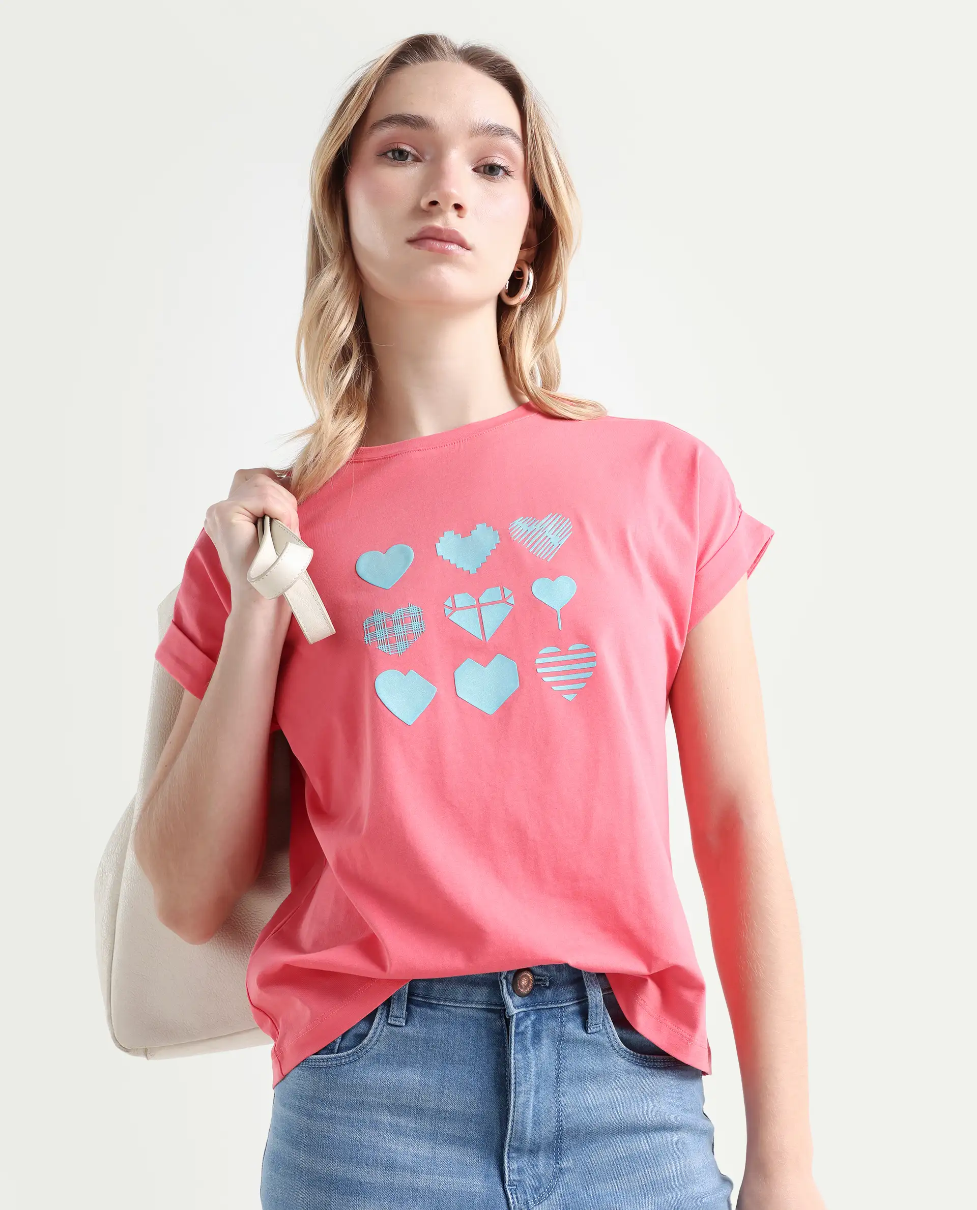 Rareism Women's Antilot Peach Cotton Blend Crew Neck Graphic Print Extended Sleeves Regular Fit T-Shirt