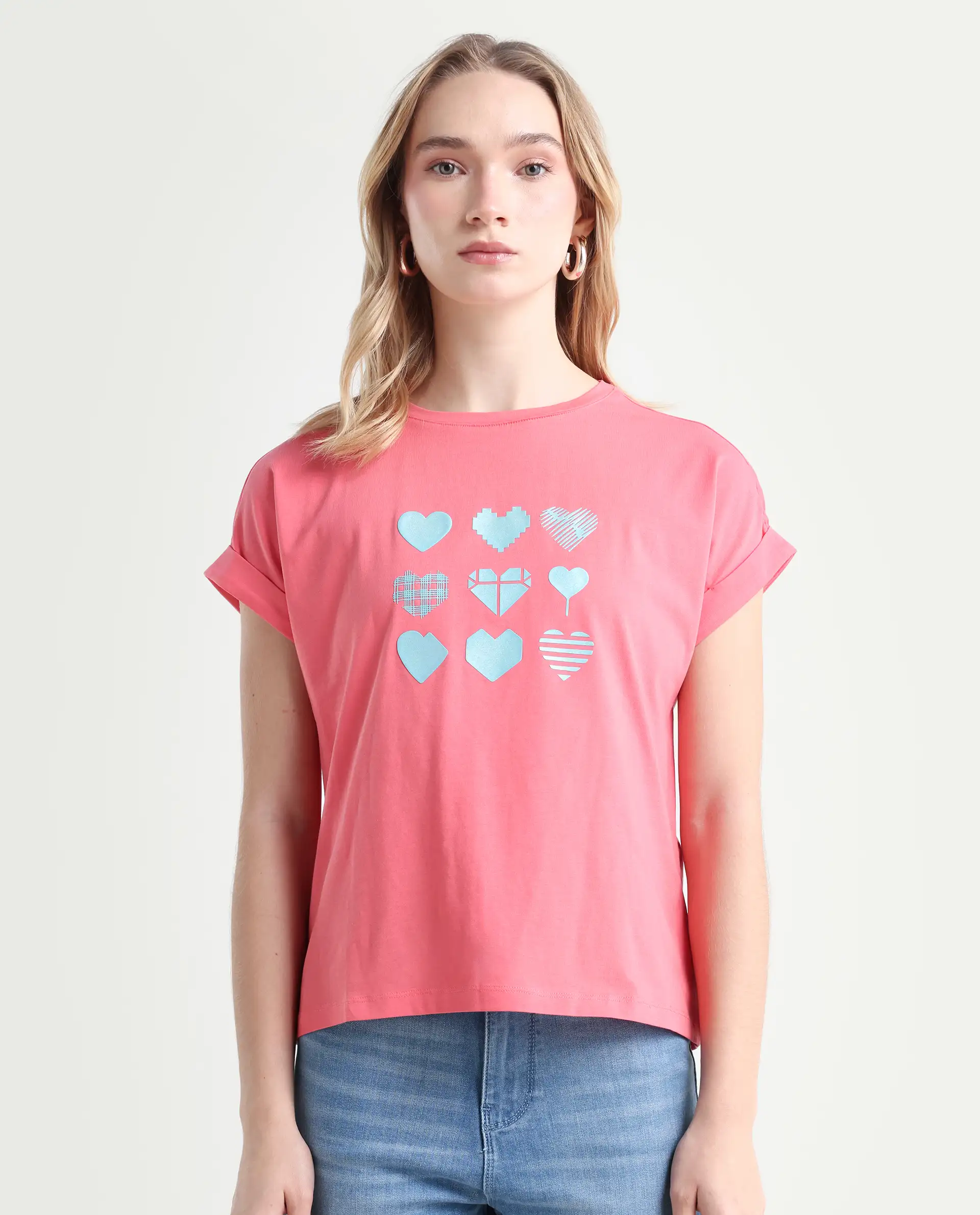 Rareism Women's Antilot Peach Cotton Blend Crew Neck Graphic Print Extended Sleeves Regular Fit T-Shirt - Image 3
