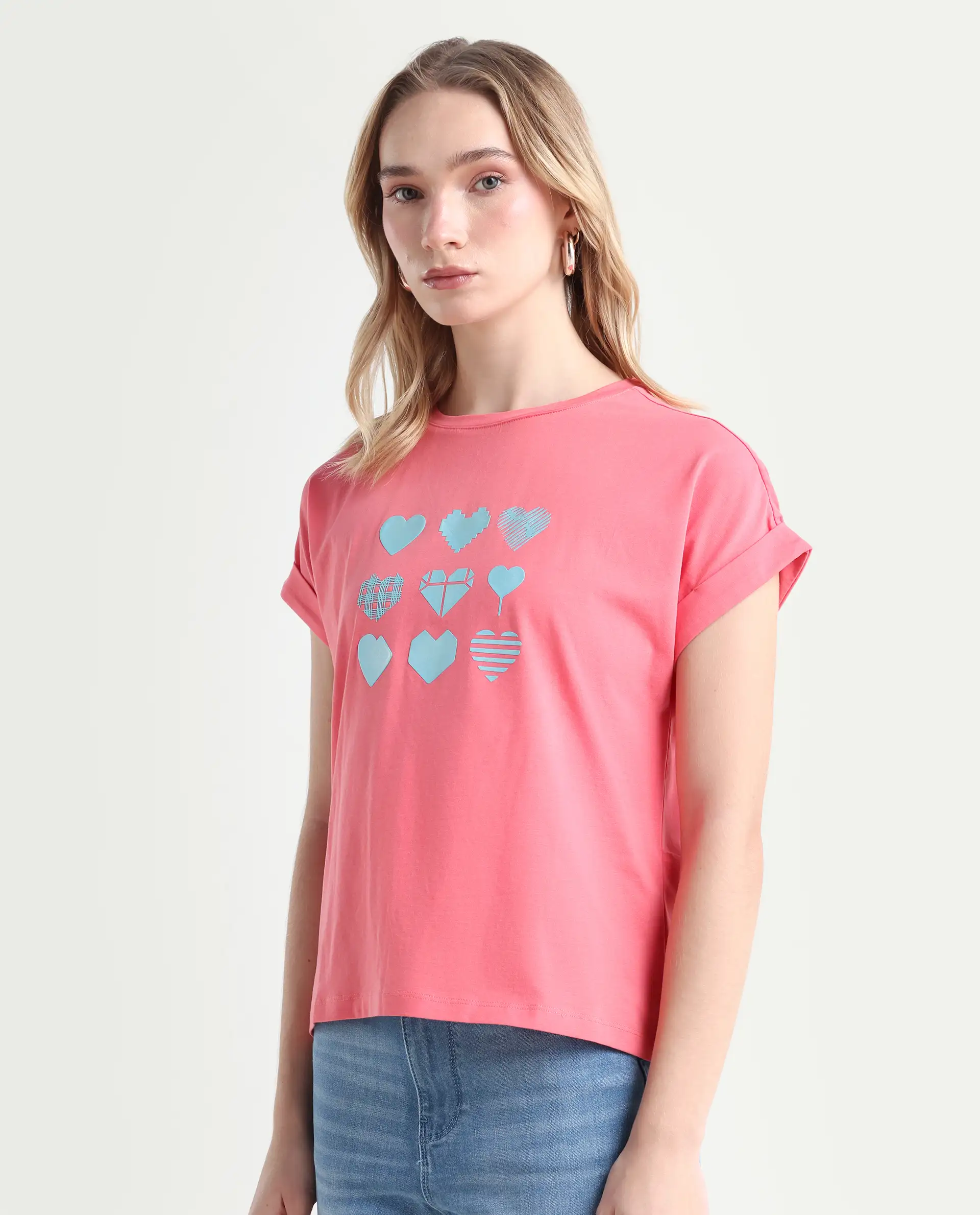 Rareism Women's Antilot Peach Cotton Blend Crew Neck Graphic Print Extended Sleeves Regular Fit T-Shirt - Image 5