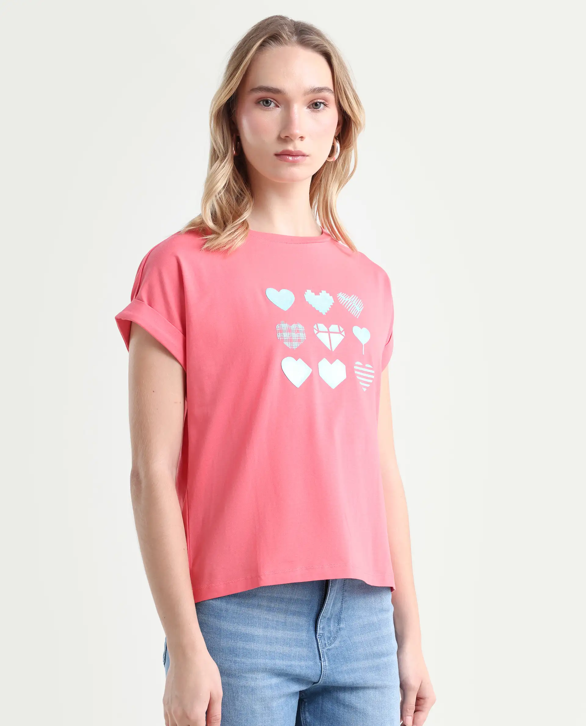 Rareism Women's Antilot Peach Cotton Blend Crew Neck Graphic Print Extended Sleeves Regular Fit T-Shirt - Image 6