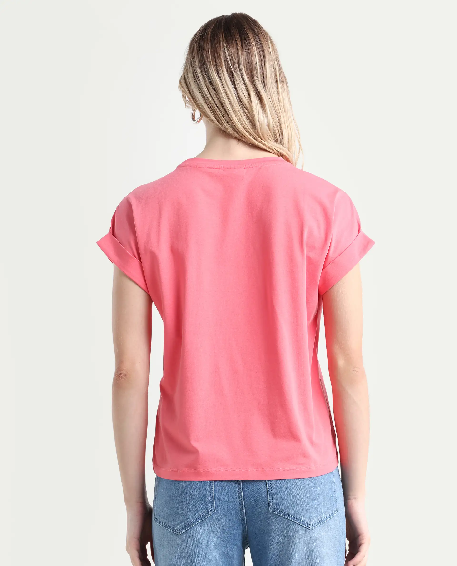 Rareism Women's Antilot Peach Cotton Blend Crew Neck Graphic Print Extended Sleeves Regular Fit T-Shirt - Image 7