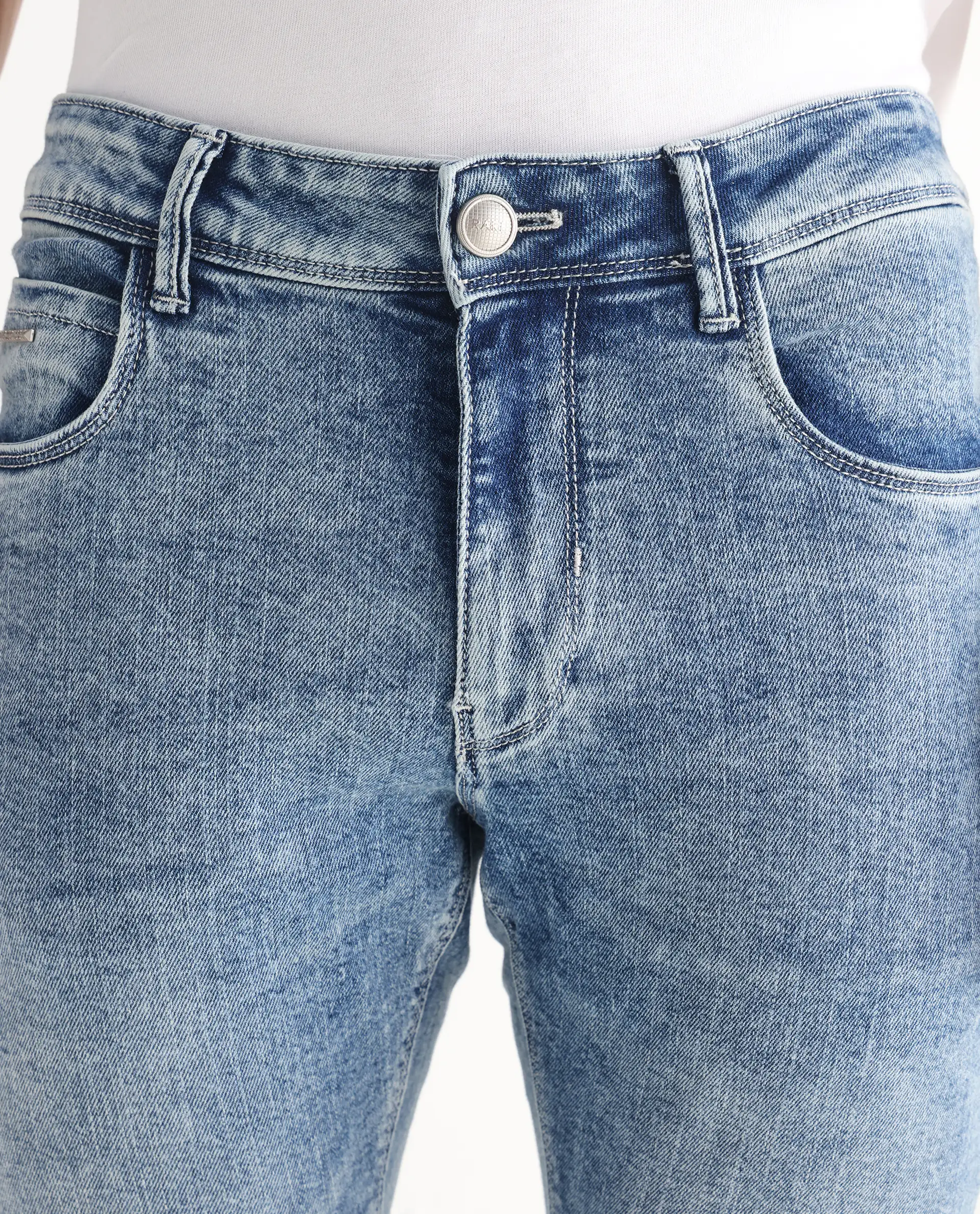 Rare Rabbit Men's Anton Light Blue Cotton Blend Plain Hawk Slim Fit Jeans - Image 7
