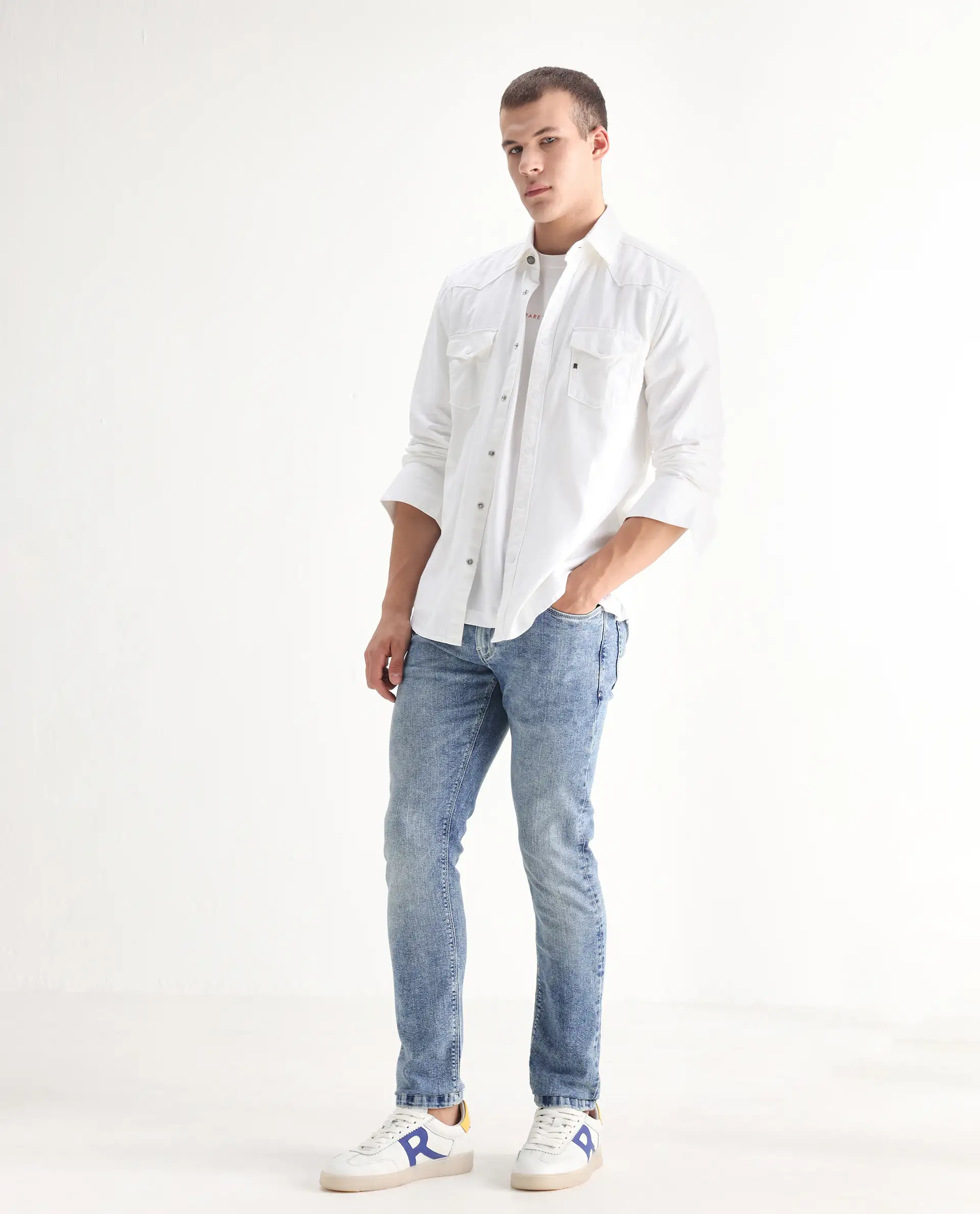 Rare Rabbit Men's Anton Light Blue Cotton Blend Plain Hawk Slim Fit Jeans - Image 8