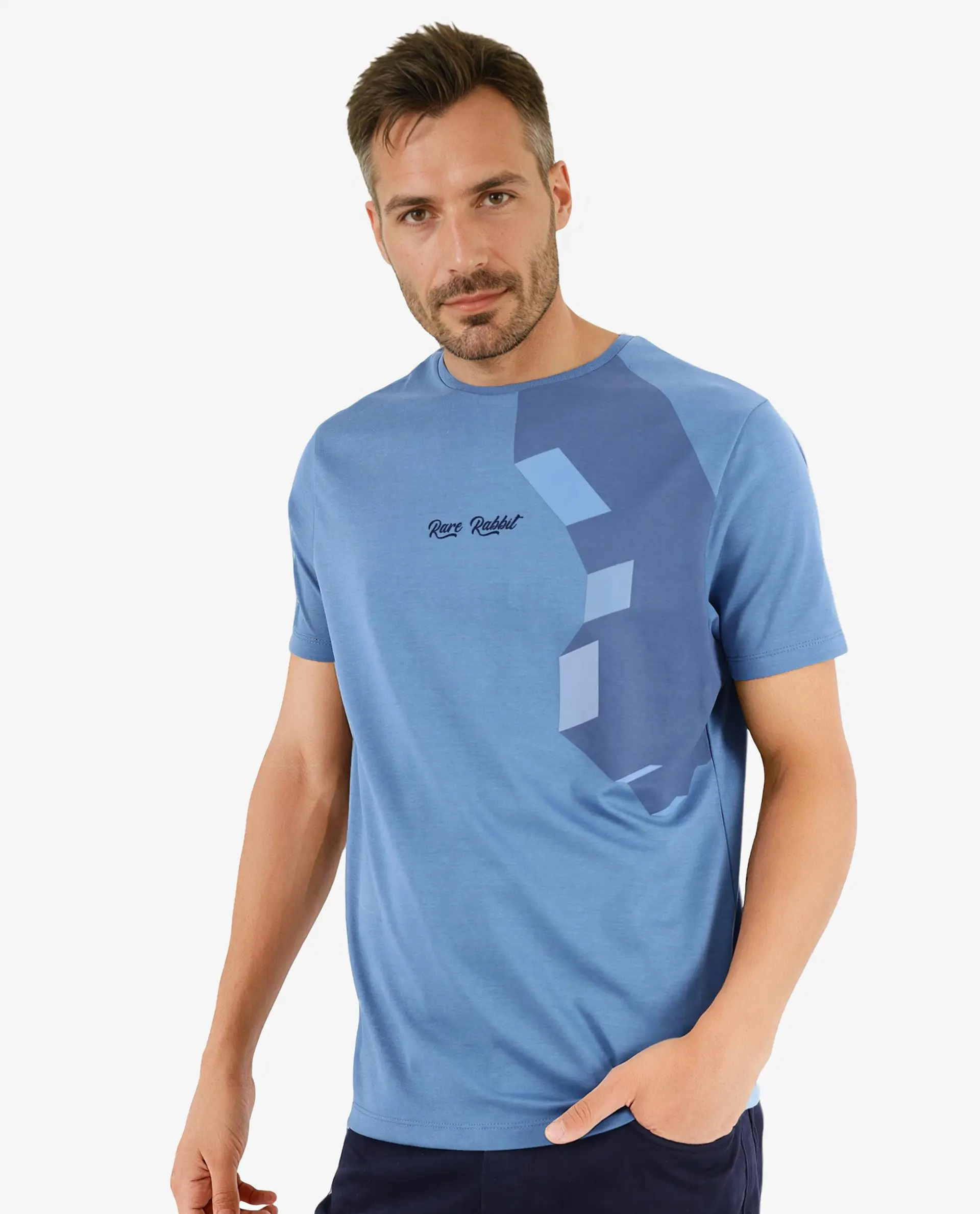 Rare Rabbit Men's Antu Blue Cotton Graphic Print Regular Fit Half Sleeve Crew Neck T-Shirt - Image 5