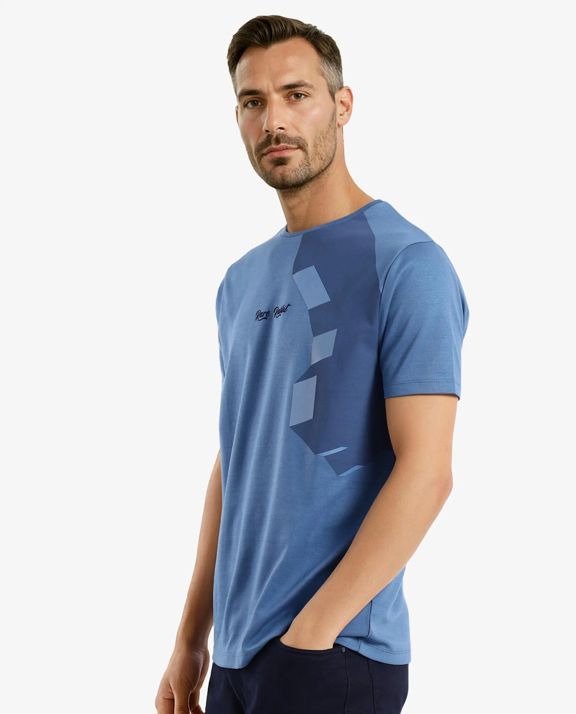 Rare Rabbit Men's Antu Blue Cotton Graphic Print Regular Fit Half Sleeve Crew Neck T-Shirt - Image 6