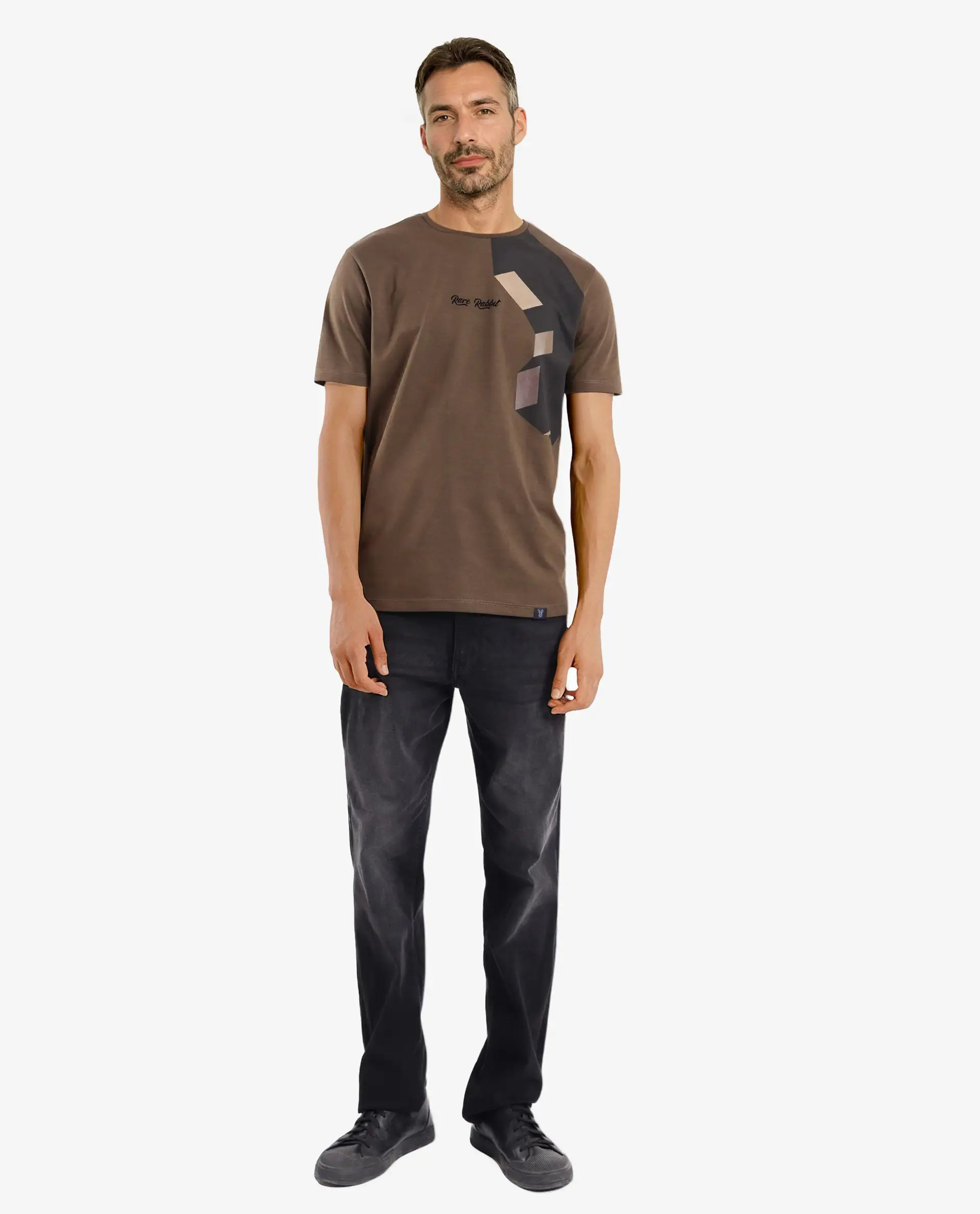 Rare Rabbit Men's Antu Olive Cotton Blend Graphic Print Regular Fit Half Sleeve Crew Neck T-Shirt - Image 2