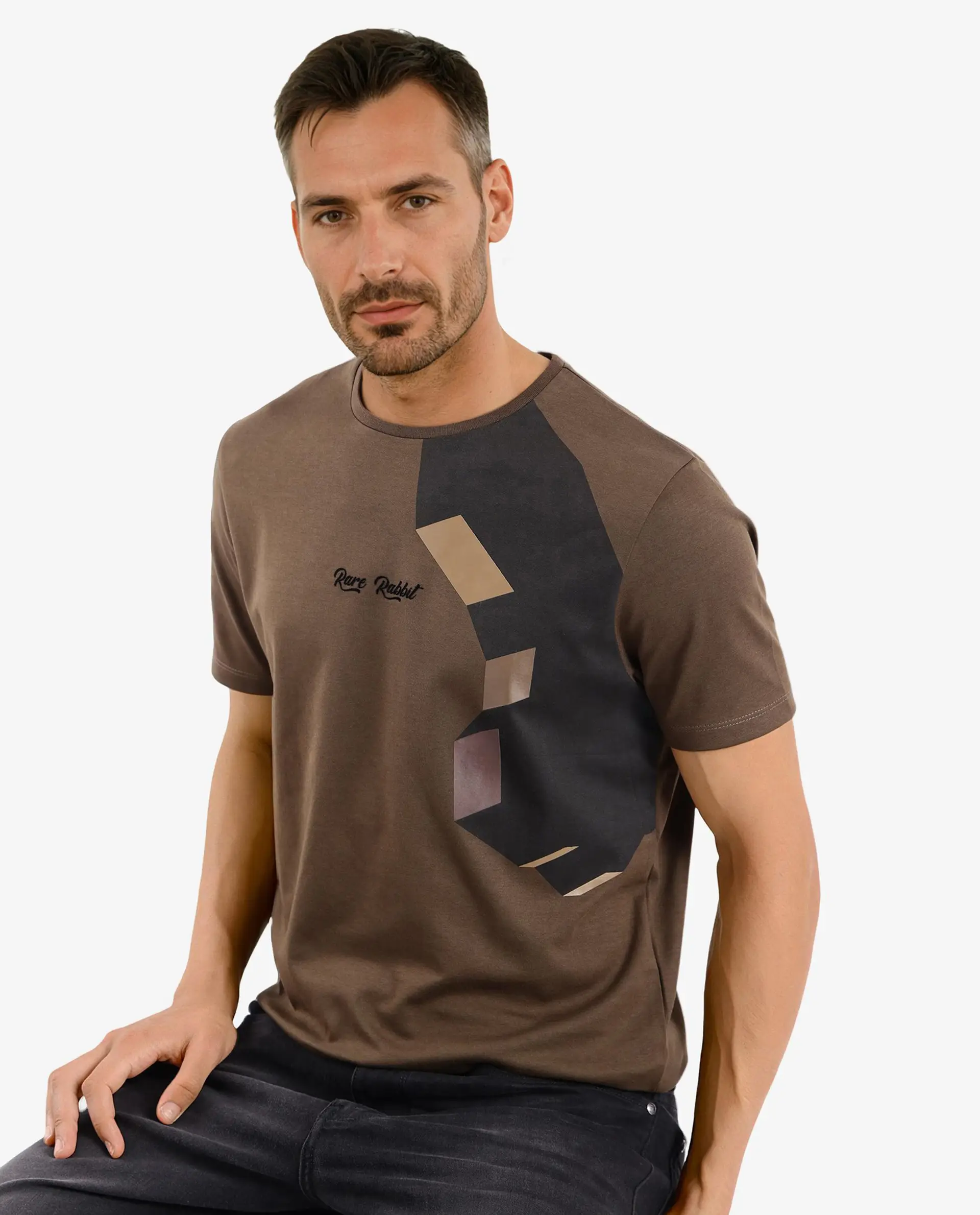 Rare Rabbit Men's Antu Olive Cotton Blend Graphic Print Regular Fit Half Sleeve Crew Neck T-Shirt - Image 5