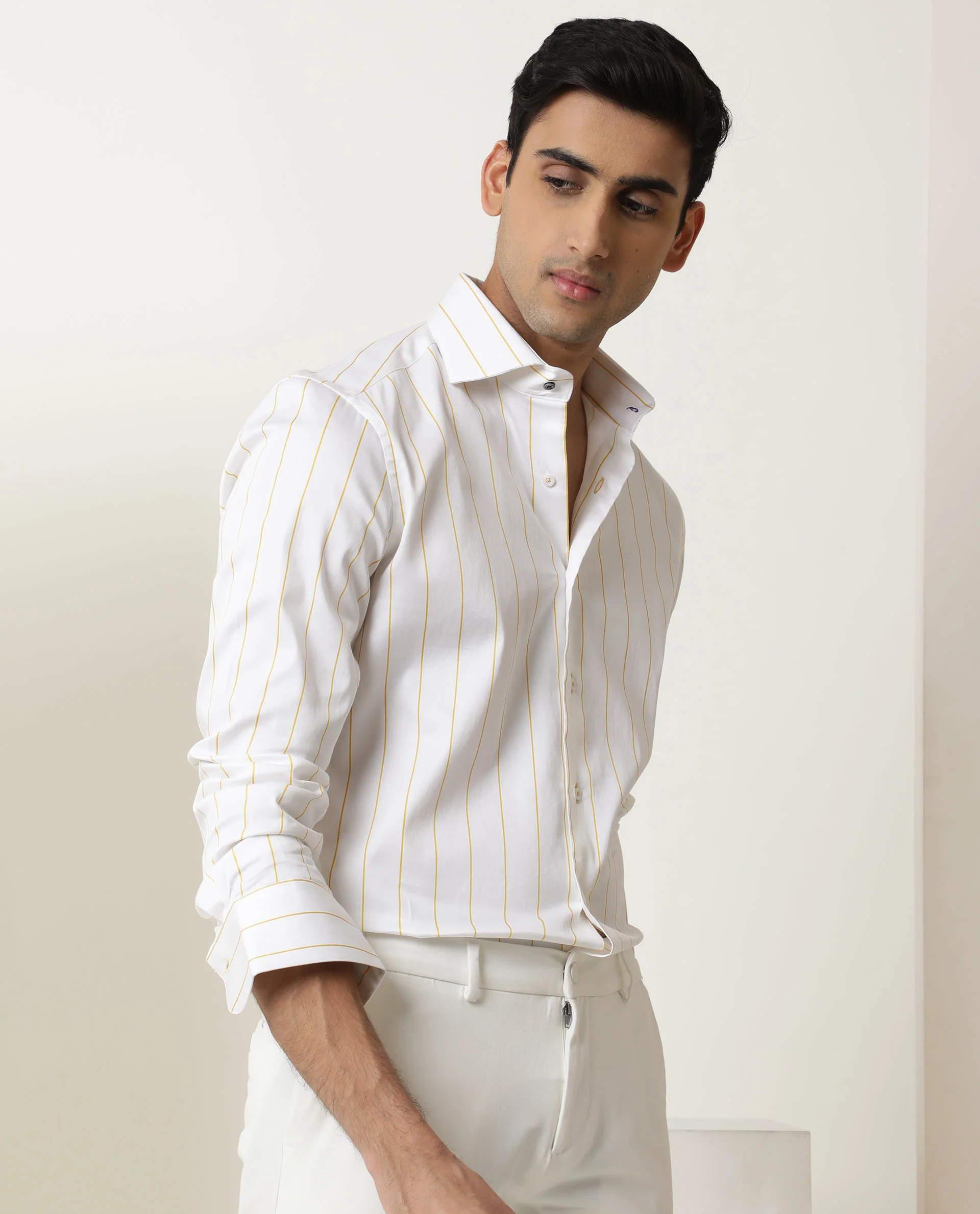 Rare Rabbit Men's Anzio Yellow Cotton Striped Print Regular Fit Full Sleeve Spread Collar Shirt - Image 3