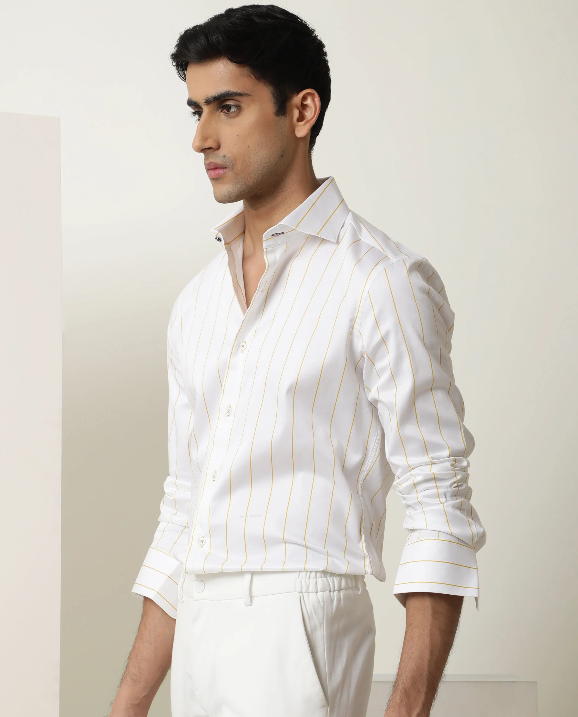 Rare Rabbit Men's Anzio Yellow Cotton Striped Print Regular Fit Full Sleeve Spread Collar Shirt - Image 4