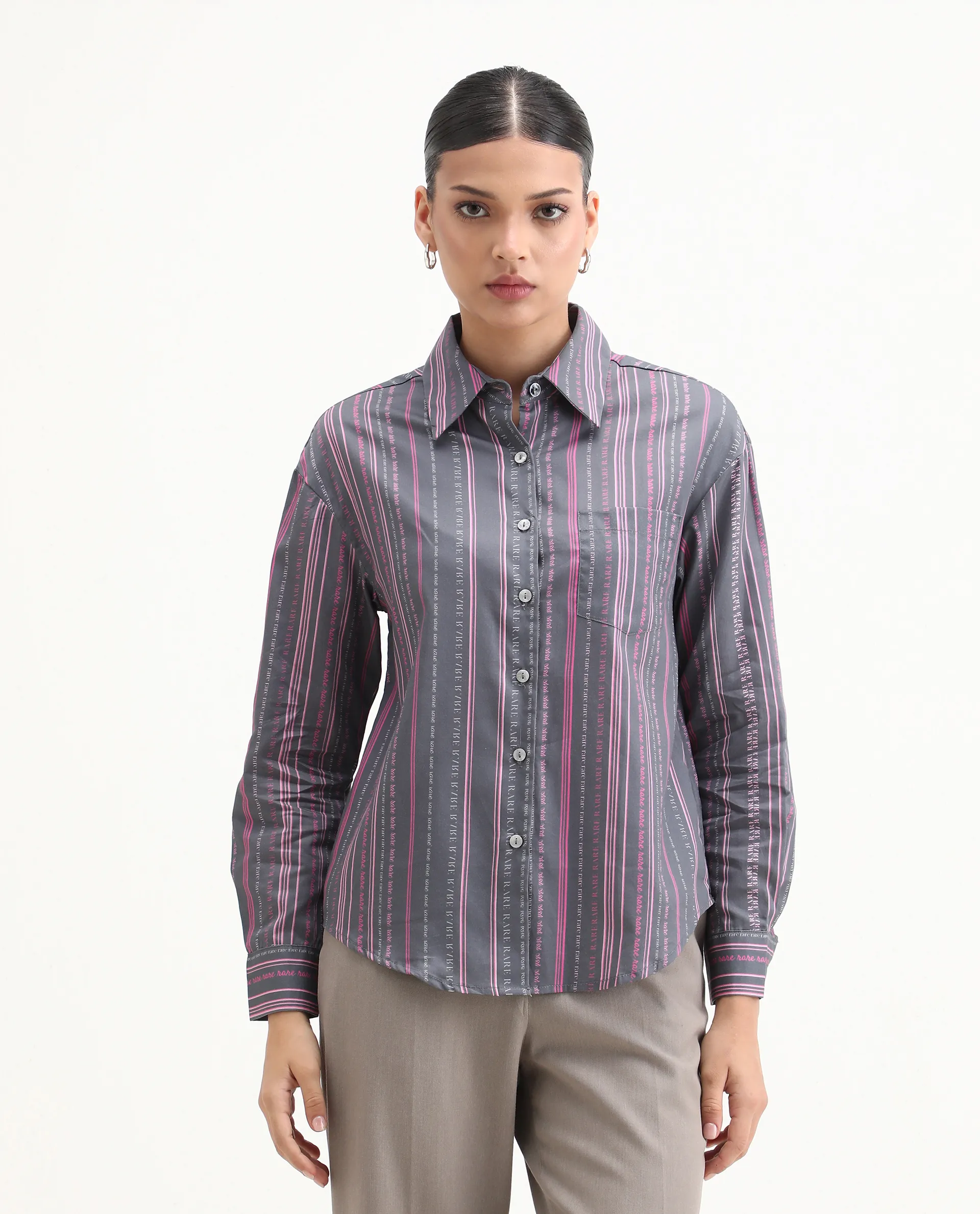 Rareism Women's Aodh Grey Cotton Blend Collared Striped Cuffed Sleeve Boxy Fit Top - Image 3