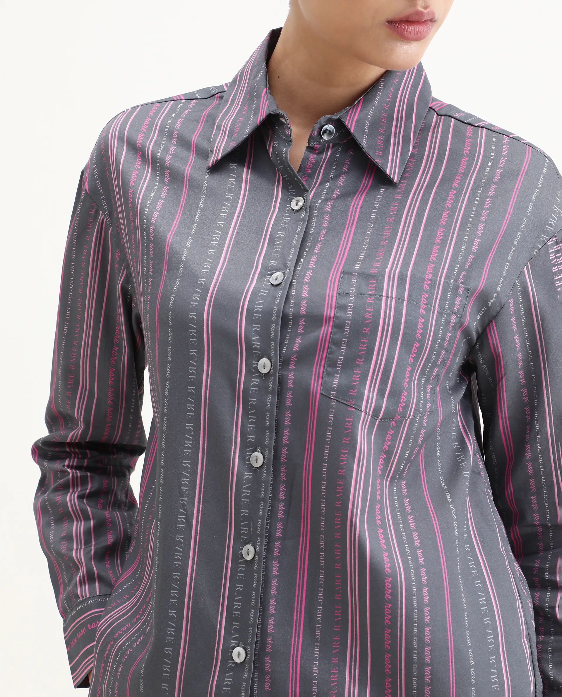 Rareism Women's Aodh Grey Cotton Blend Collared Striped Cuffed Sleeve Boxy Fit Top - Image 4
