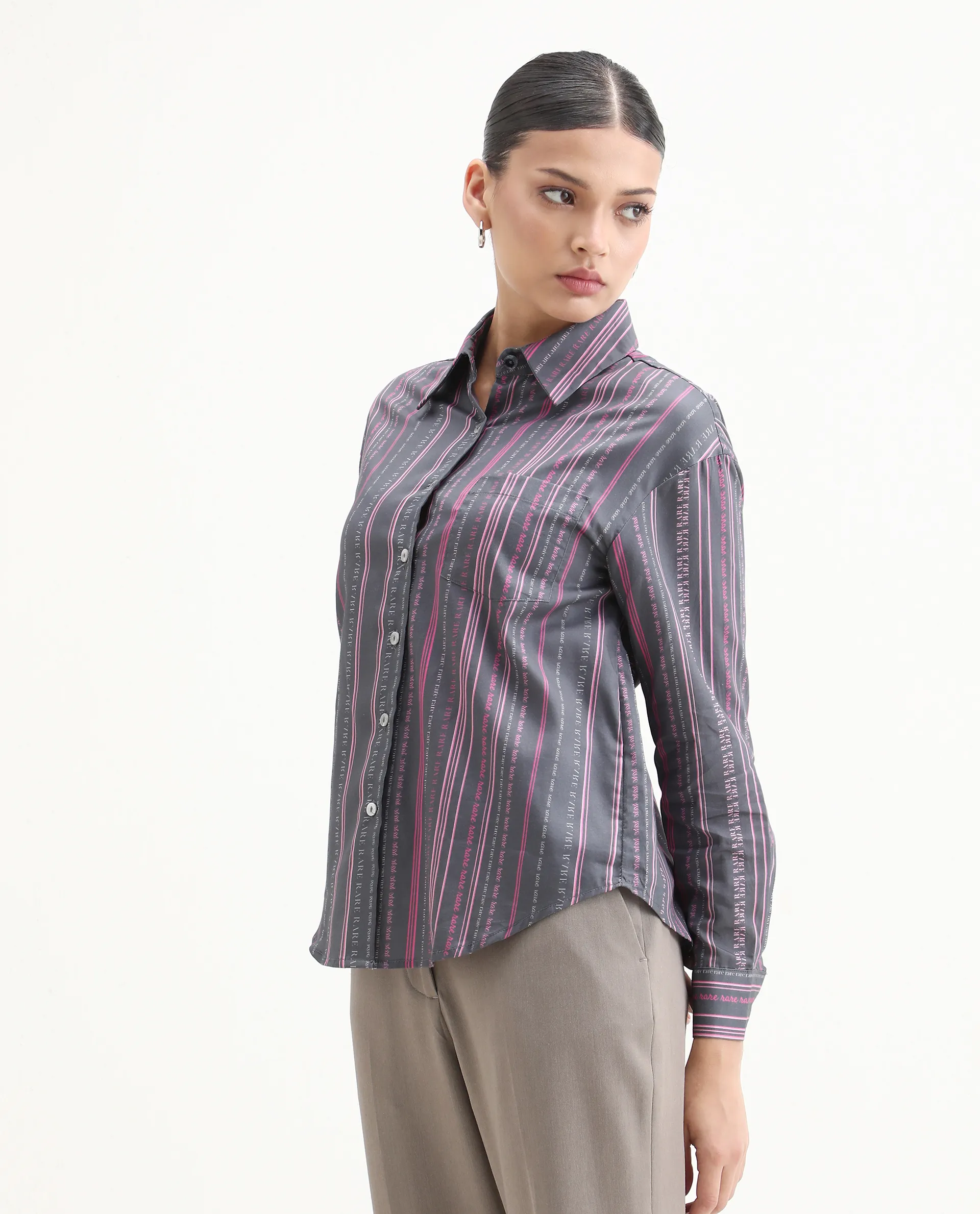 Rareism Women's Aodh Grey Cotton Blend Collared Striped Cuffed Sleeve Boxy Fit Top - Image 5