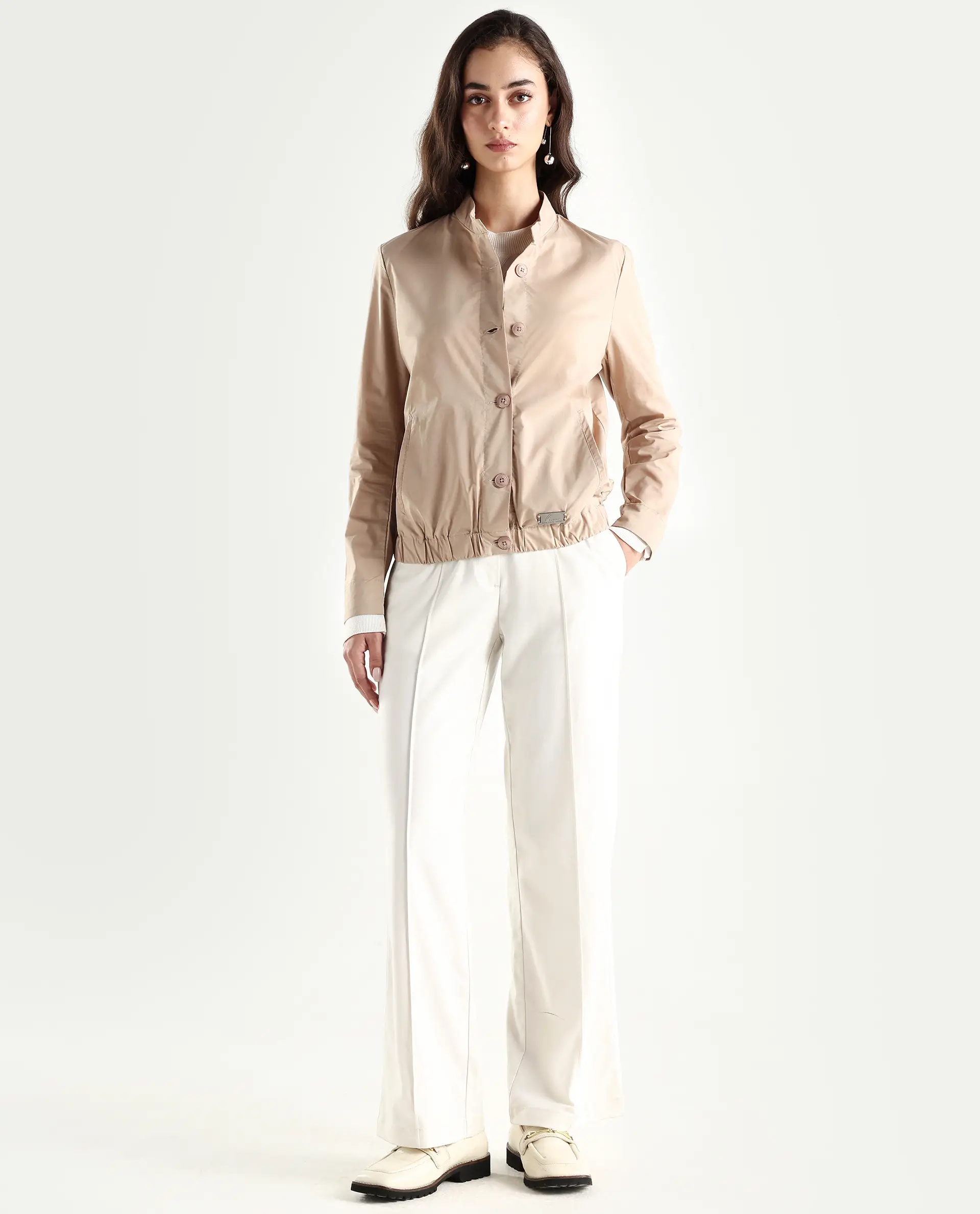 Rareism Women's Aomori Beige Polyester Blend Mandarin Collar Plain Regular Fit Jacket - Image 2