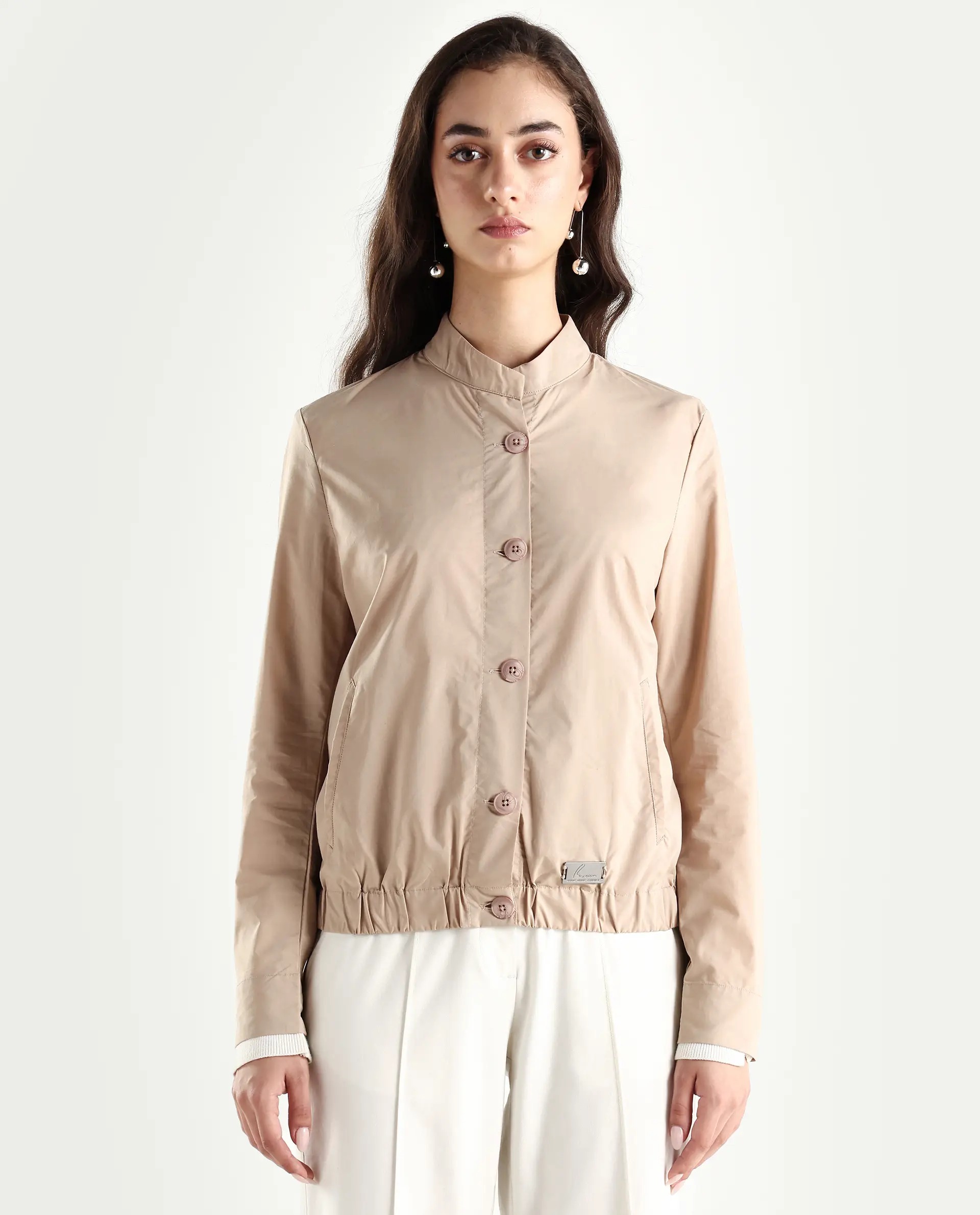 Rareism Women's Aomori Beige Polyester Blend Mandarin Collar Plain Regular Fit Jacket - Image 3