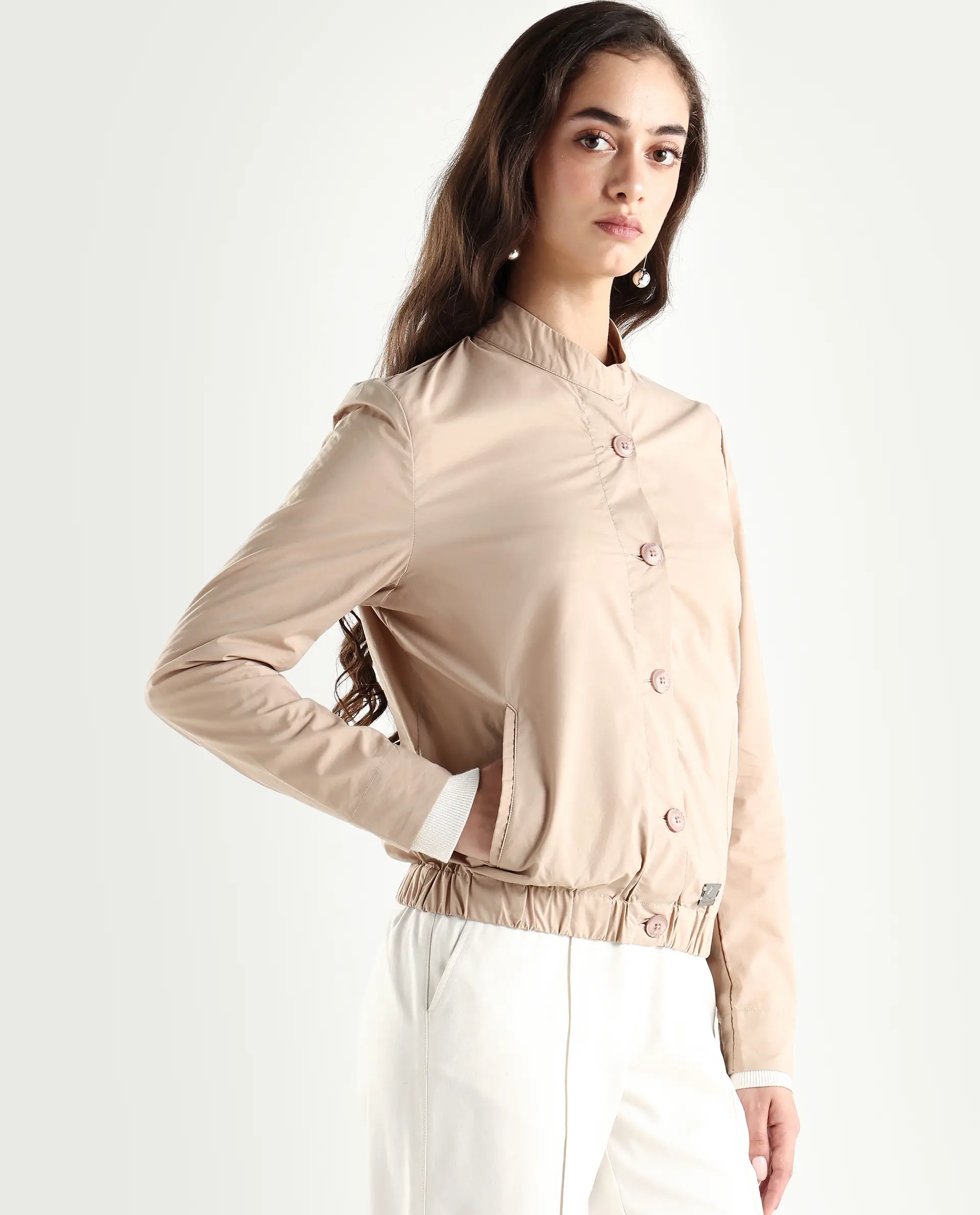 Rareism Women's Aomori Beige Polyester Blend Mandarin Collar Plain Regular Fit Jacket - Image 4