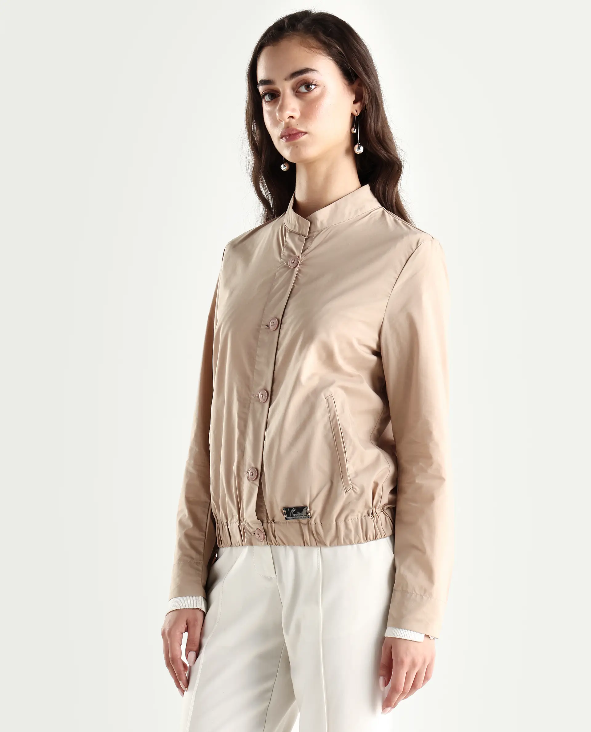 Rareism Women's Aomori Beige Polyester Blend Mandarin Collar Plain Regular Fit Jacket - Image 5