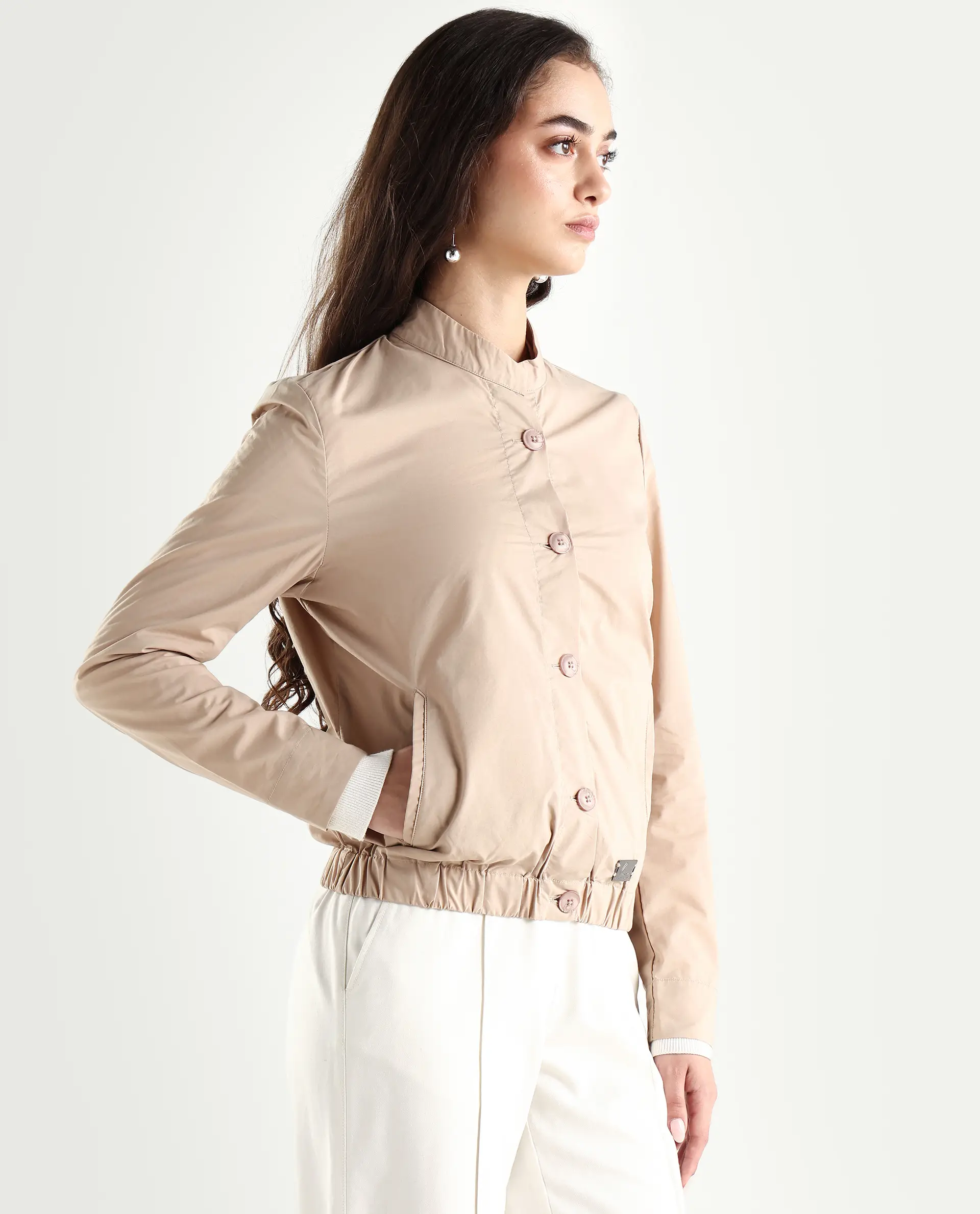 Rareism Women's Aomori Beige Polyester Blend Mandarin Collar Plain Regular Fit Jacket - Image 6