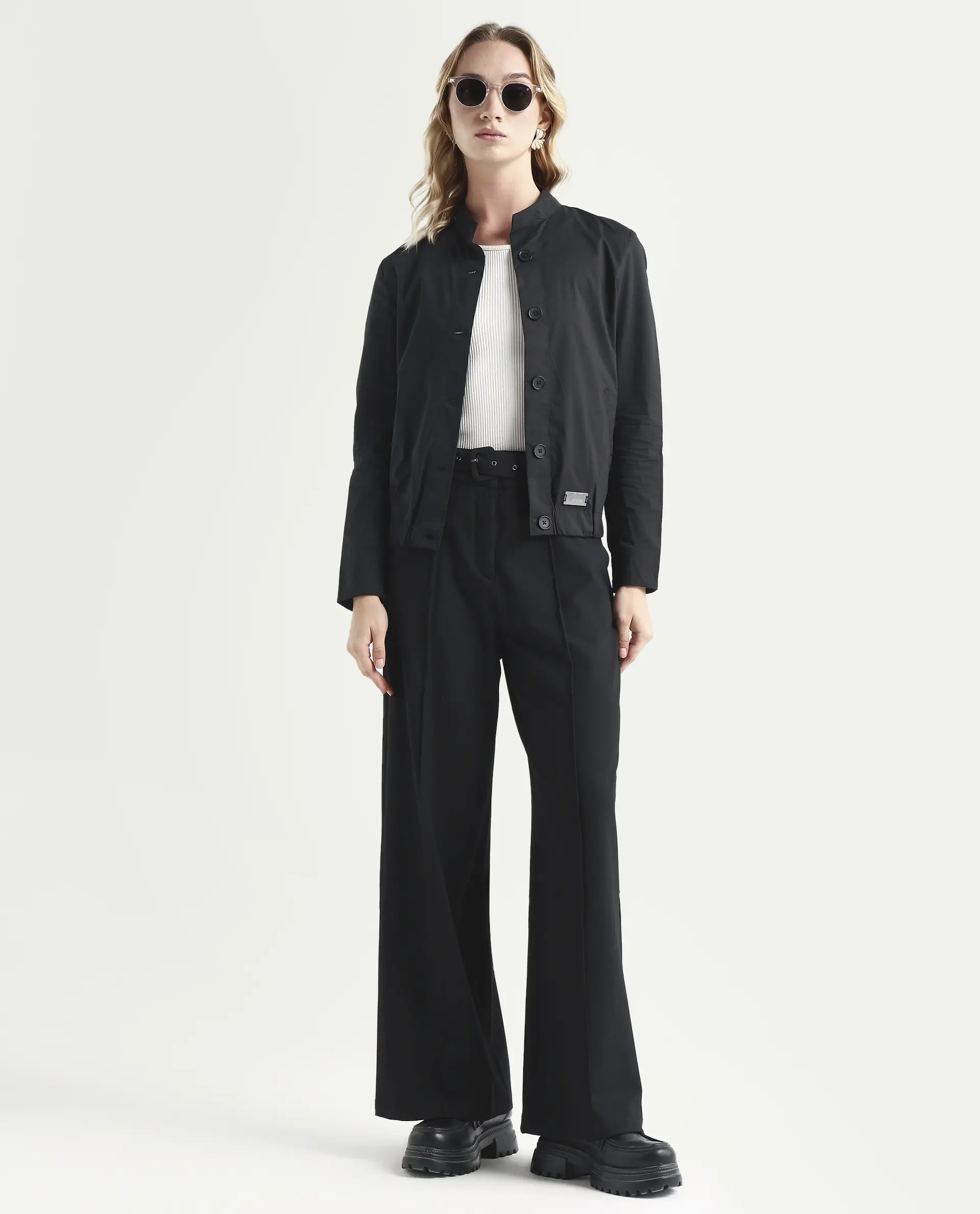 Rareism Women's Aomori Black Polyester Blend Mandarin Collar Plain Regular Fit Jacket - Image 2