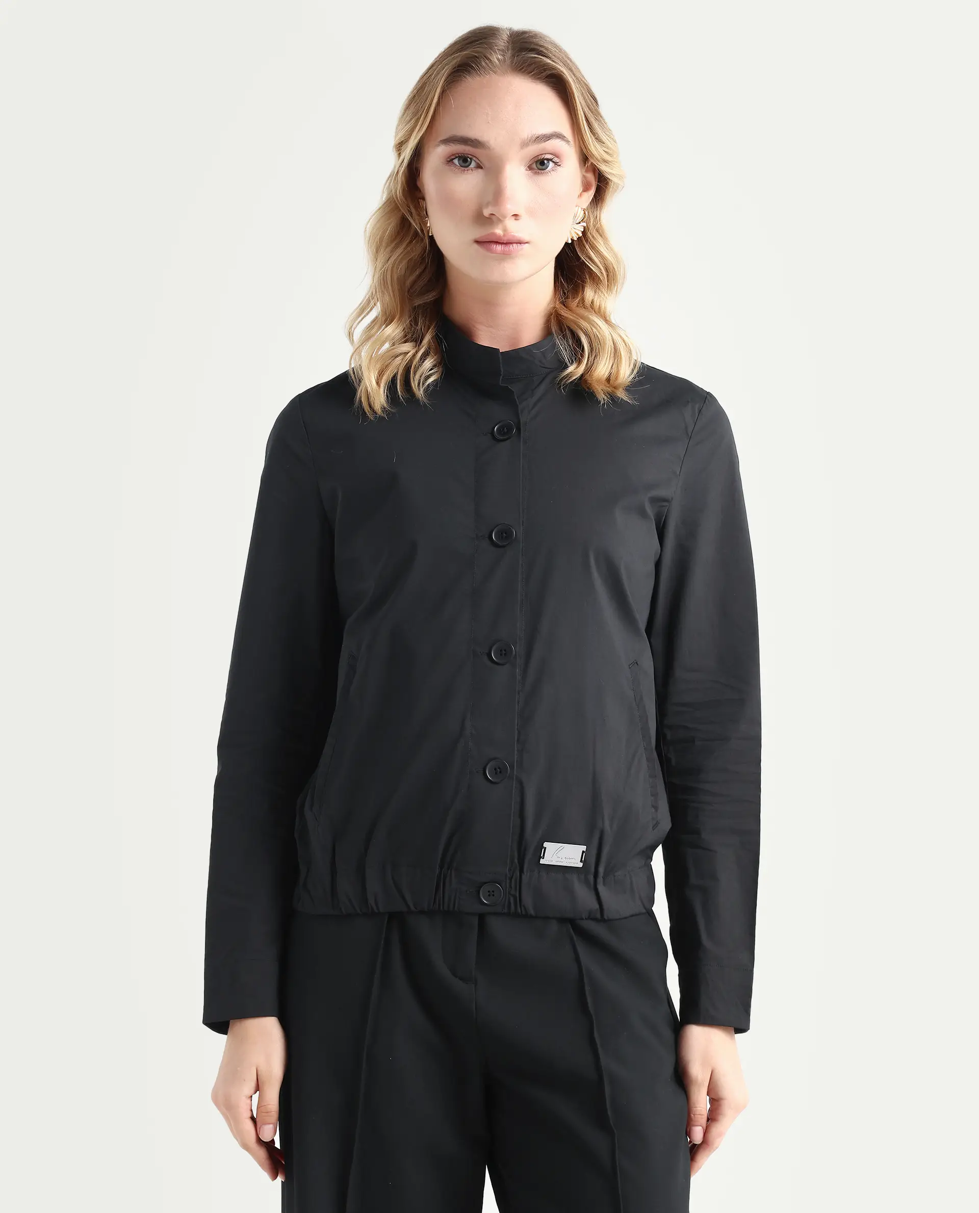 Rareism Women's Aomori Black Polyester Blend Mandarin Collar Plain Regular Fit Jacket - Image 3
