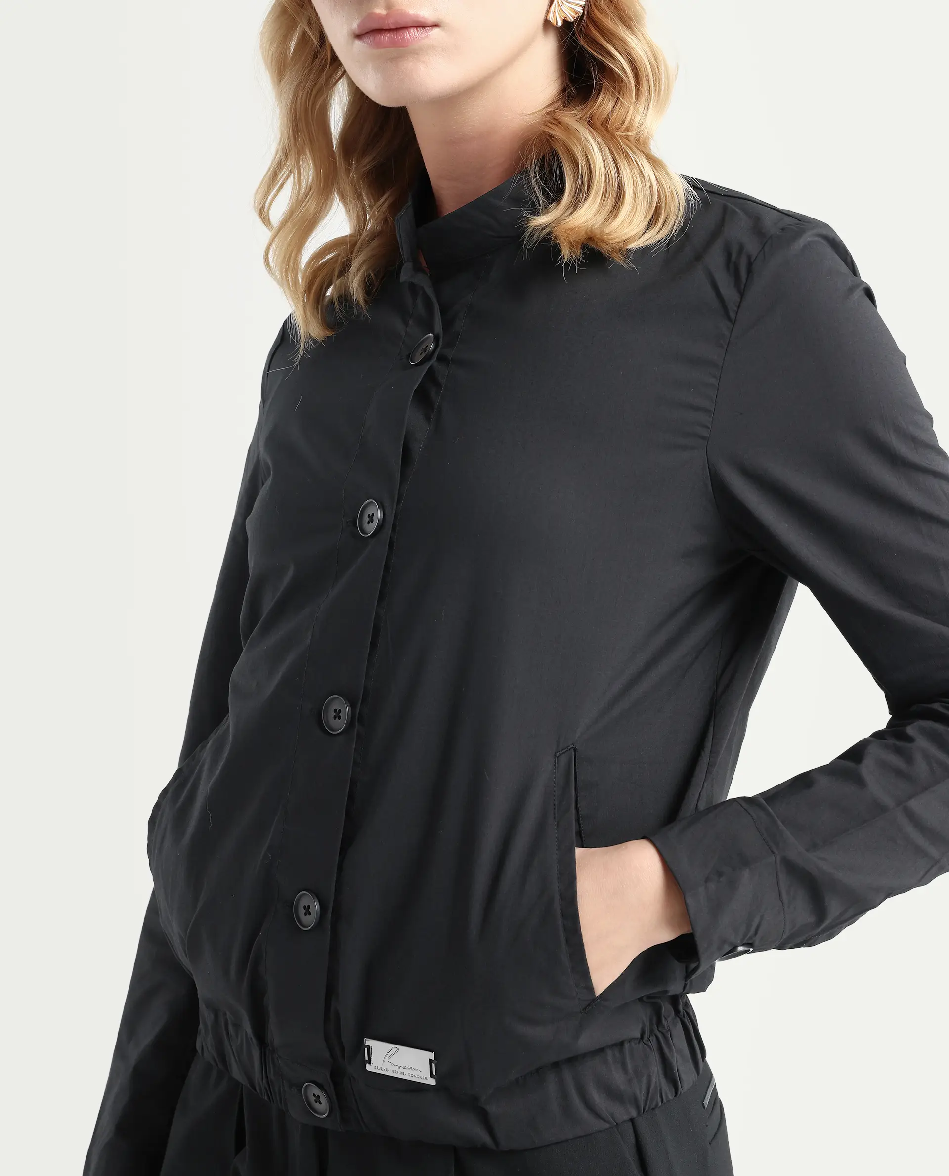 Rareism Women's Aomori Black Polyester Blend Mandarin Collar Plain Regular Fit Jacket - Image 4