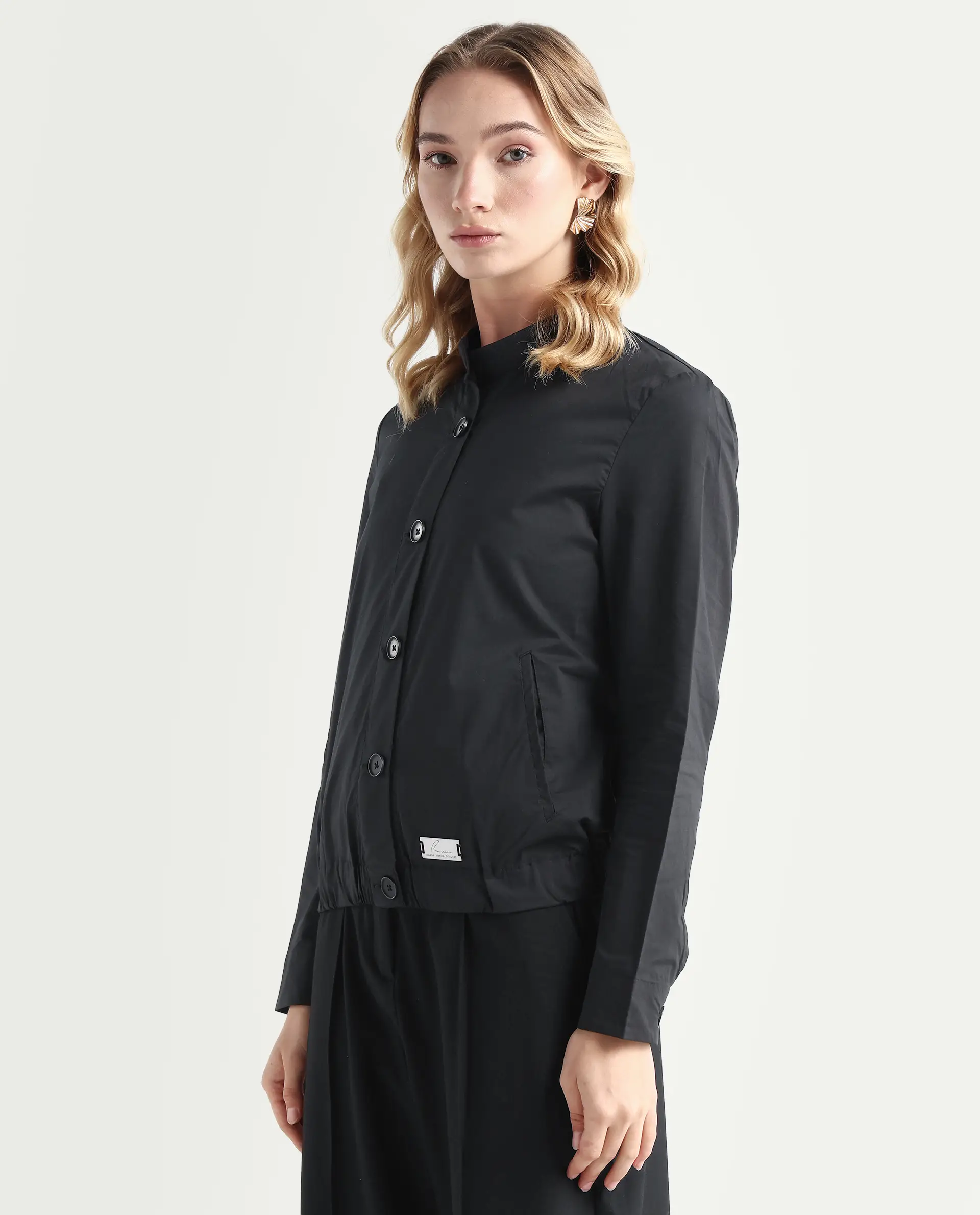 Rareism Women's Aomori Black Polyester Blend Mandarin Collar Plain Regular Fit Jacket - Image 5
