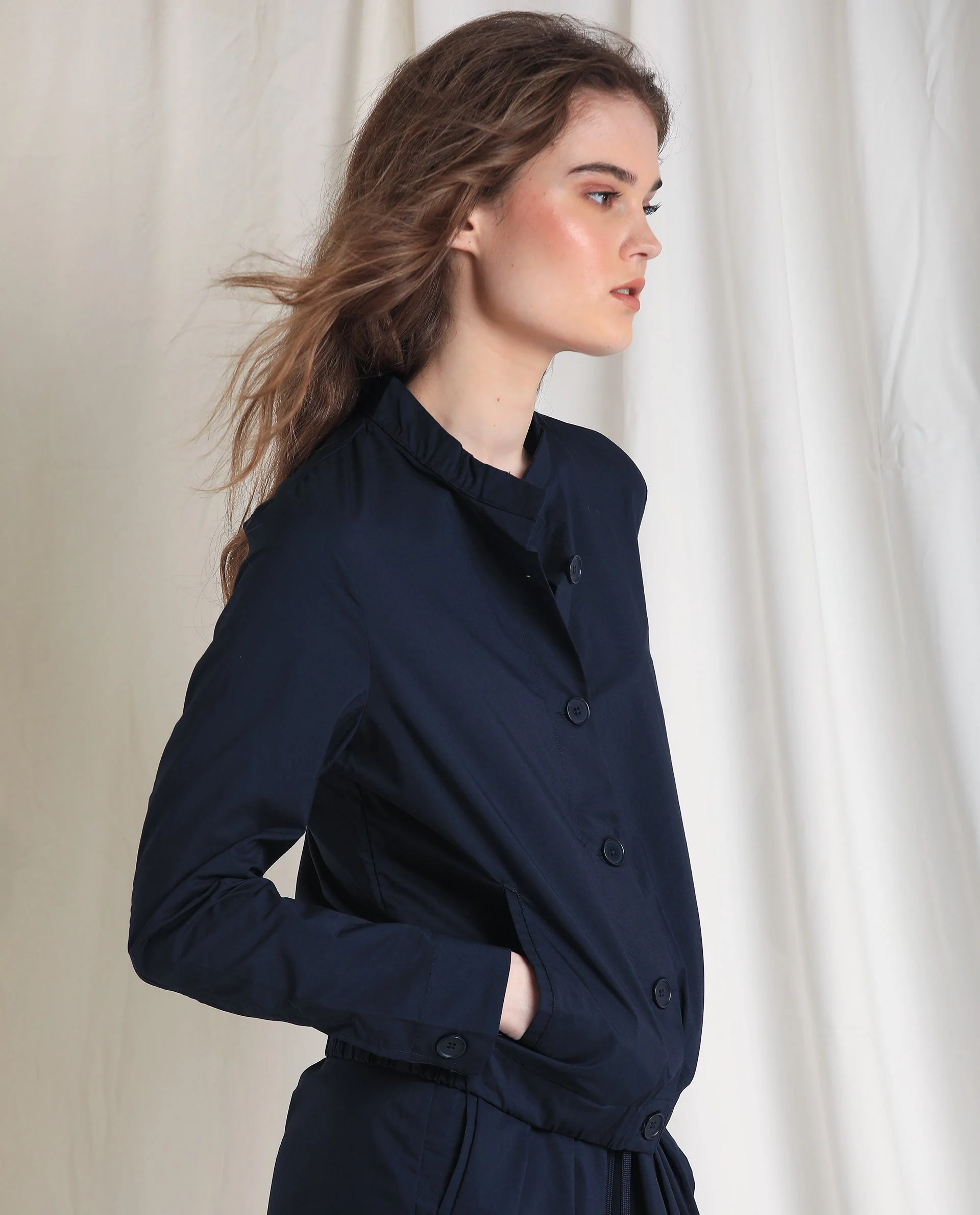 Rareism Women's Aomori Navy Polyester Blend Mandarin Collar Plain Regular Fit Jacket - Image 5