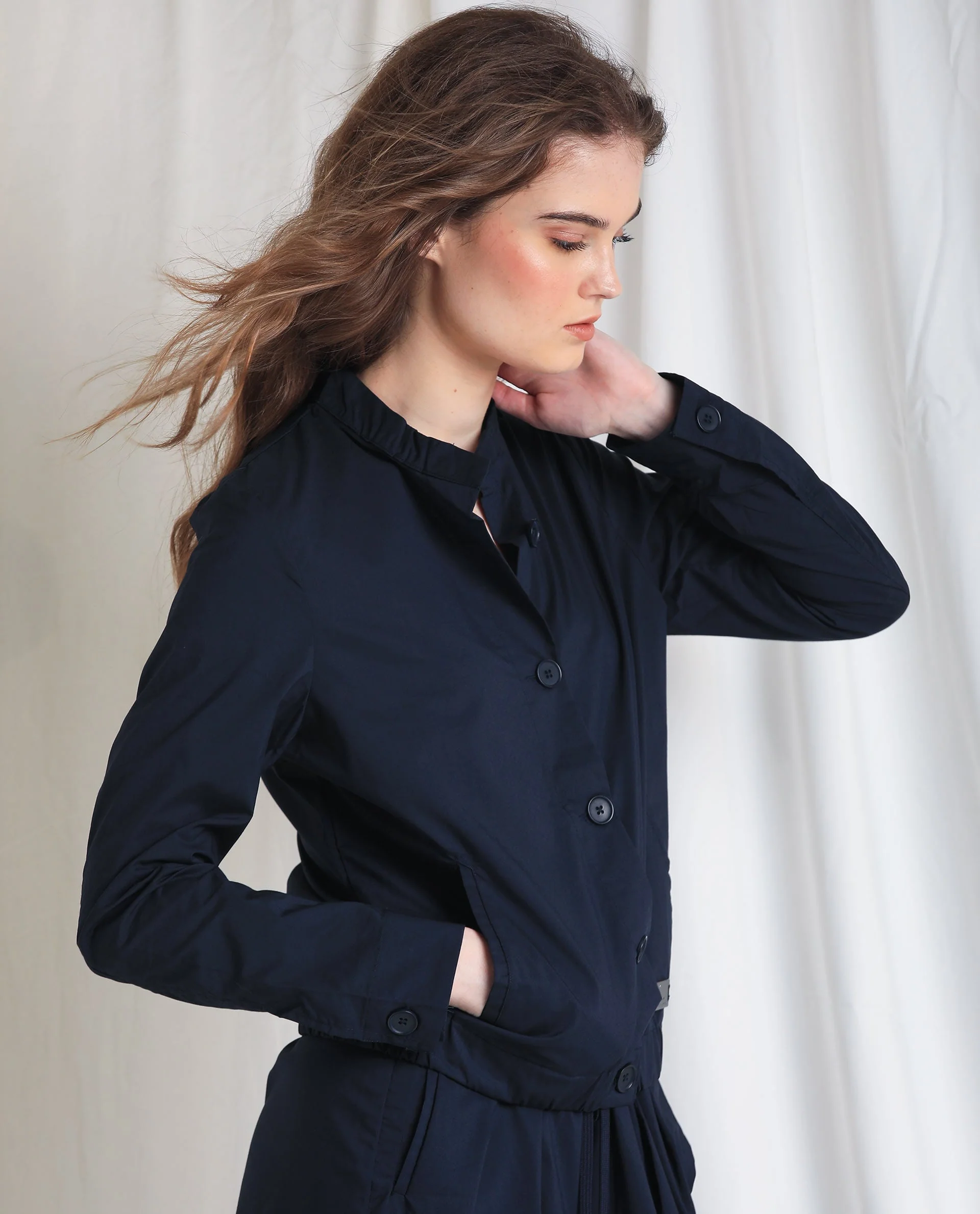 Rareism Women's Aomori Navy Polyester Blend Mandarin Collar Plain Regular Fit Jacket - Image 7