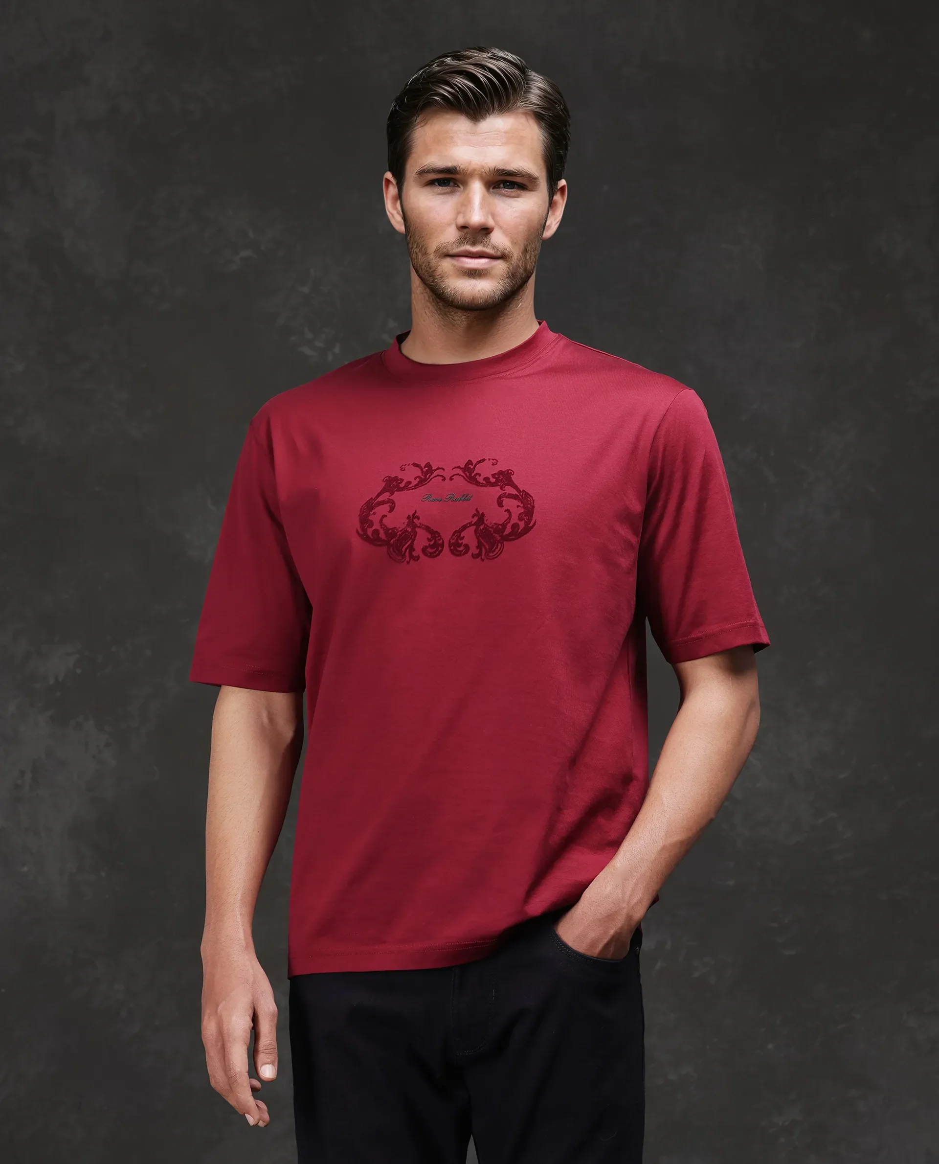 Rare Rabbit Men's Aon Dark Red Cotton Flock Print Barcelone Fit Half Sleeve Crew Neck T-Shirt
