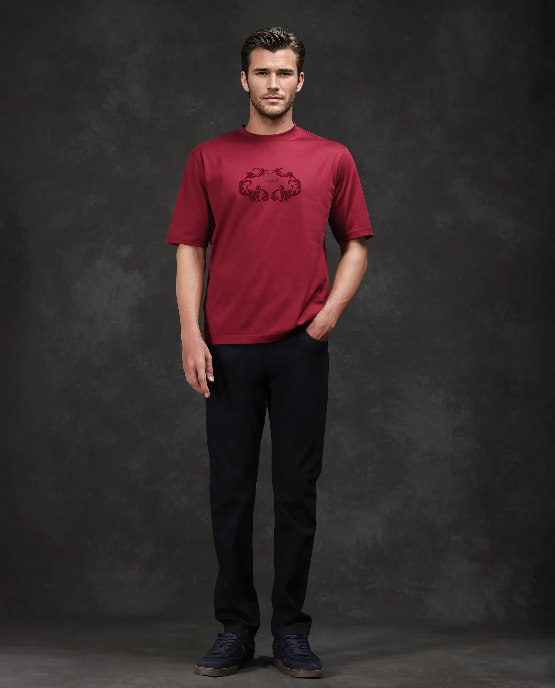 Rare Rabbit Men's Aon Dark Red Cotton Flock Print Barcelone Fit Half Sleeve Crew Neck T-Shirt - Image 2