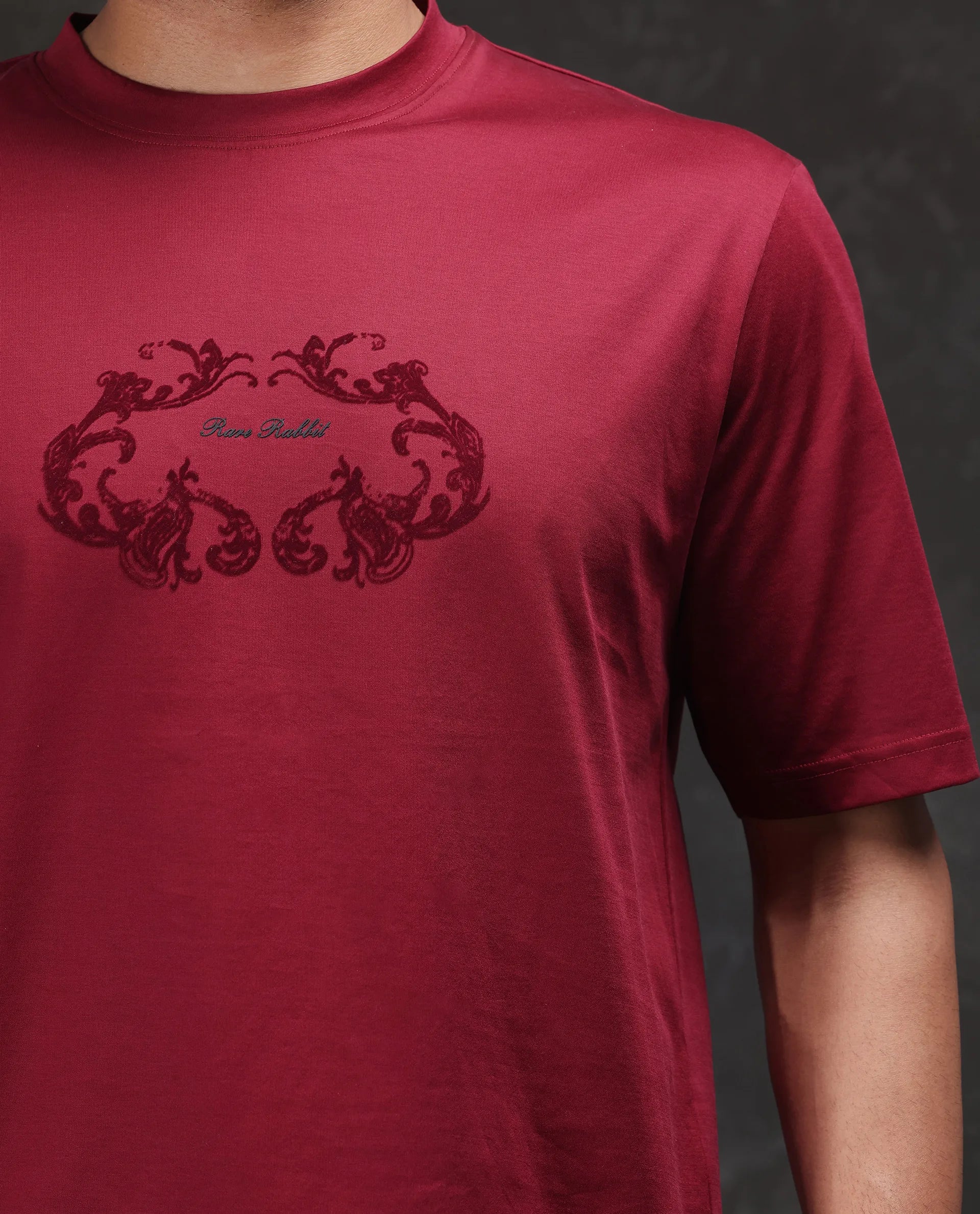 Rare Rabbit Men's Aon Dark Red Cotton Flock Print Barcelone Fit Half Sleeve Crew Neck T-Shirt - Image 3
