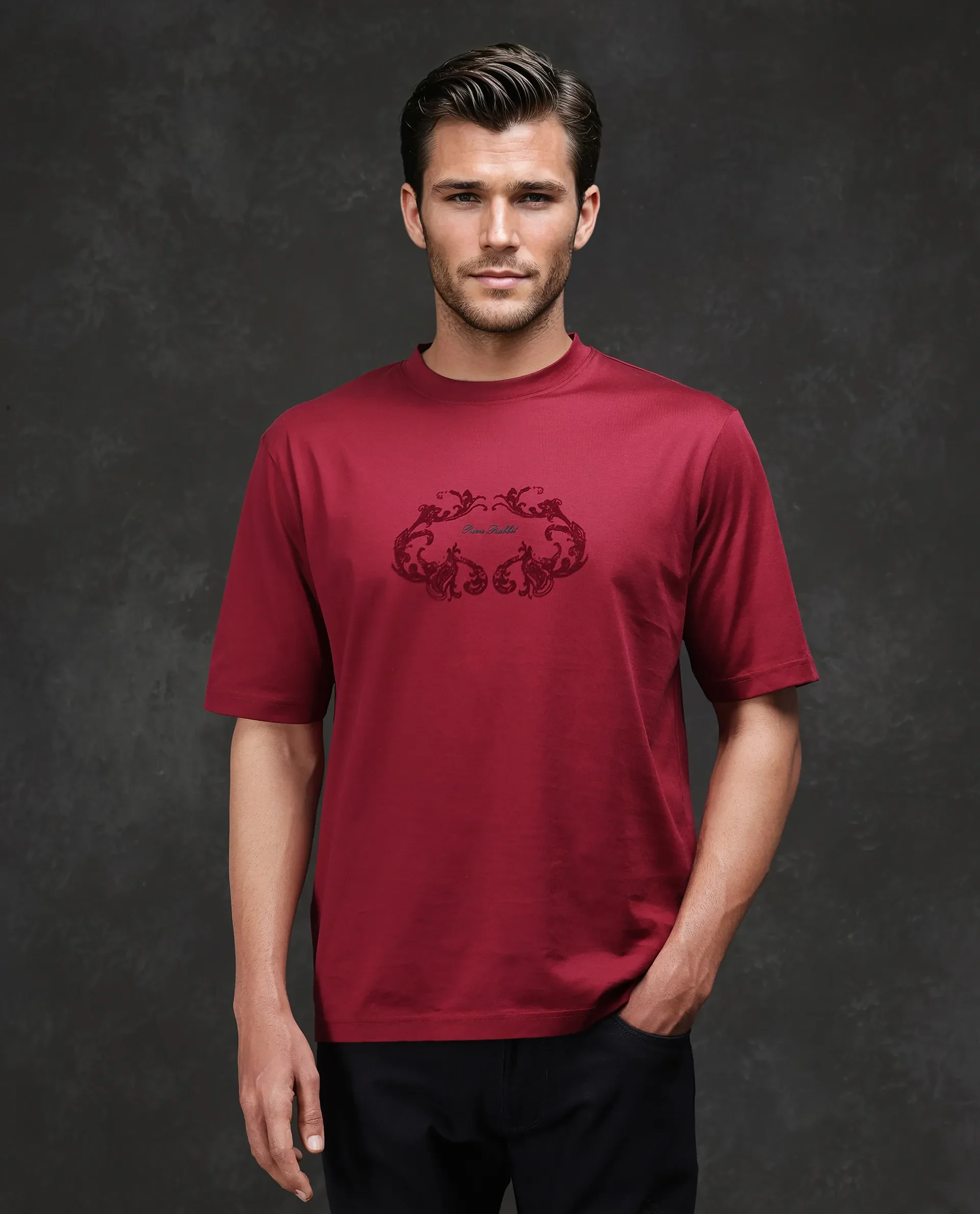 Rare Rabbit Men's Aon Dark Red Cotton Flock Print Barcelone Fit Half Sleeve Crew Neck T-Shirt - Image 4