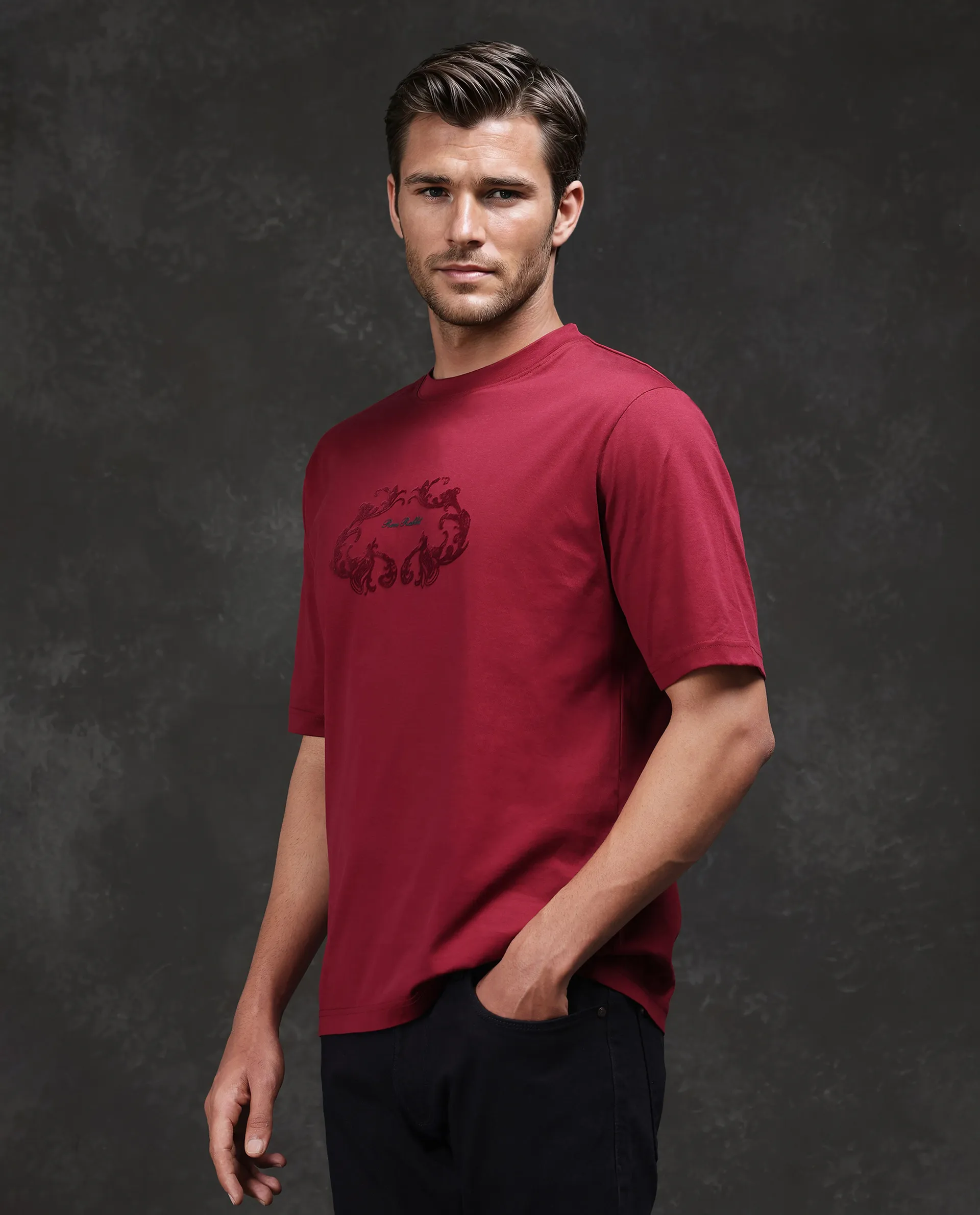 Rare Rabbit Men's Aon Dark Red Cotton Flock Print Barcelone Fit Half Sleeve Crew Neck T-Shirt - Image 5