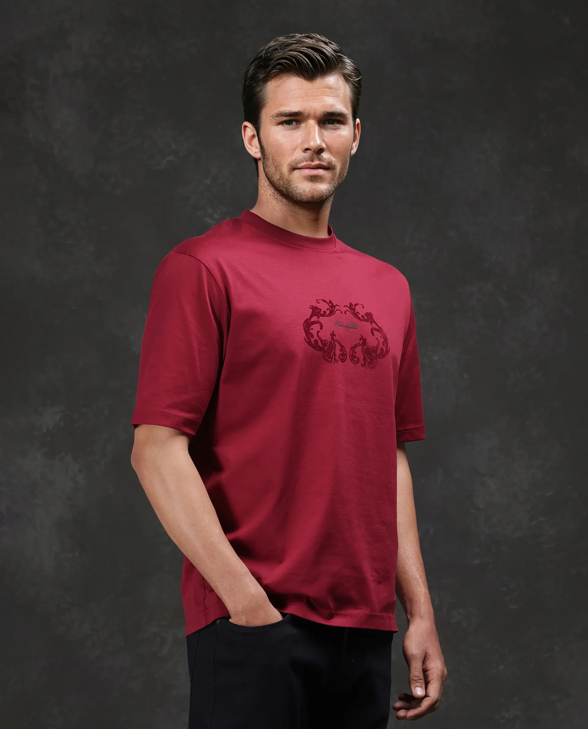 Rare Rabbit Men's Aon Dark Red Cotton Flock Print Barcelone Fit Half Sleeve Crew Neck T-Shirt - Image 6