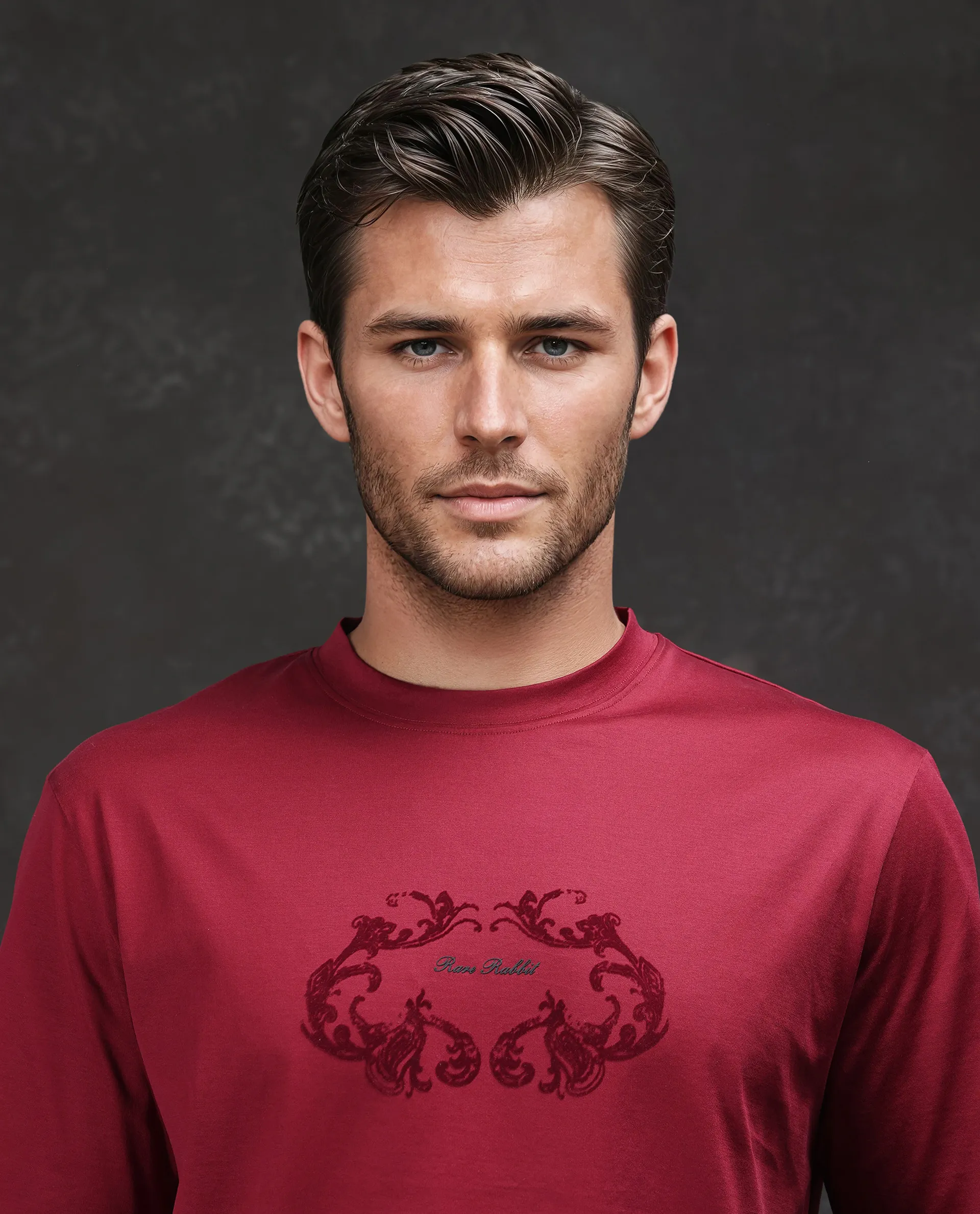 Rare Rabbit Men's Aon Dark Red Cotton Flock Print Barcelone Fit Half Sleeve Crew Neck T-Shirt - Image 7