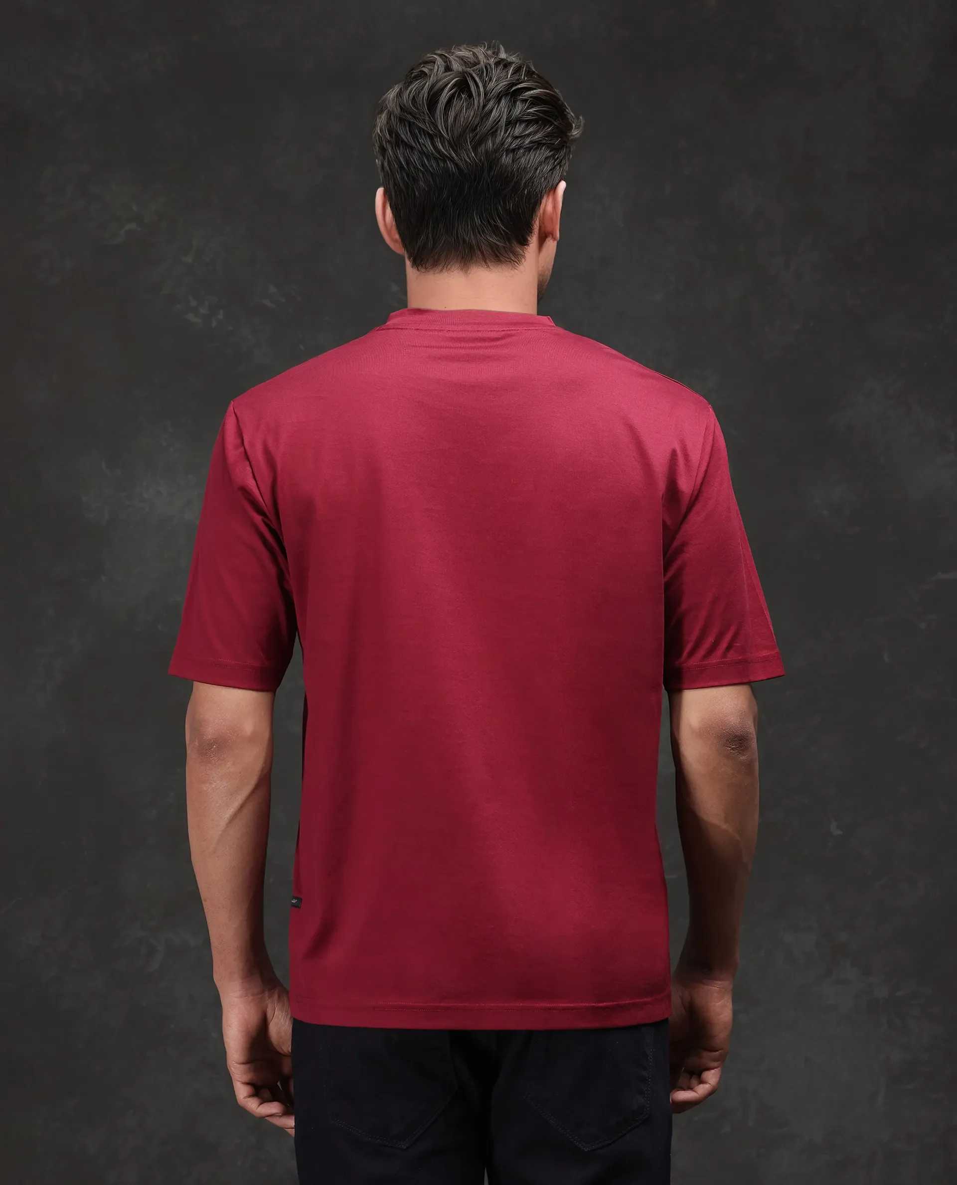 Rare Rabbit Men's Aon Dark Red Cotton Flock Print Barcelone Fit Half Sleeve Crew Neck T-Shirt - Image 8