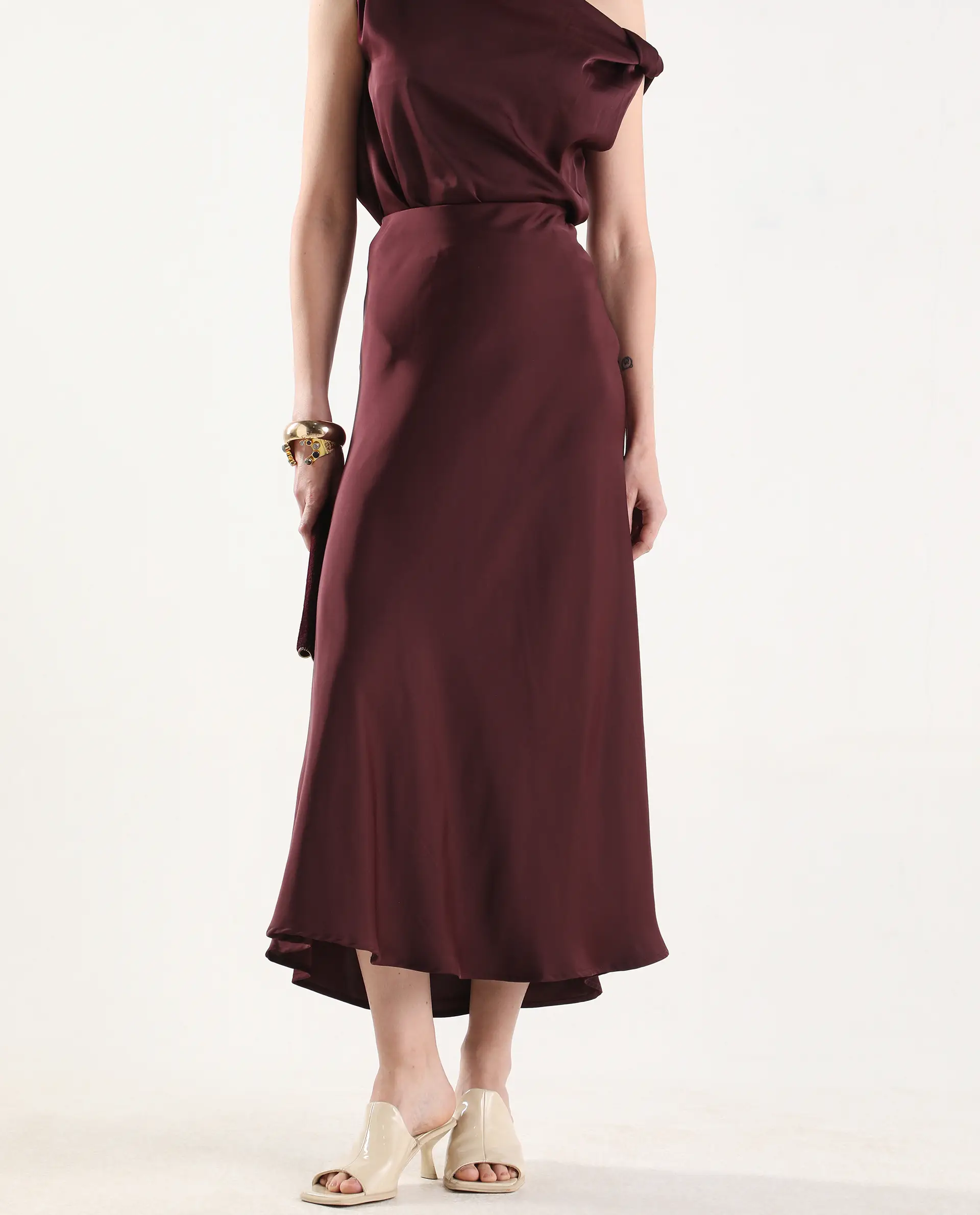 Rareism Women's Aoron-B Maroon Polyester A-Line Plain Skirt - Image 2