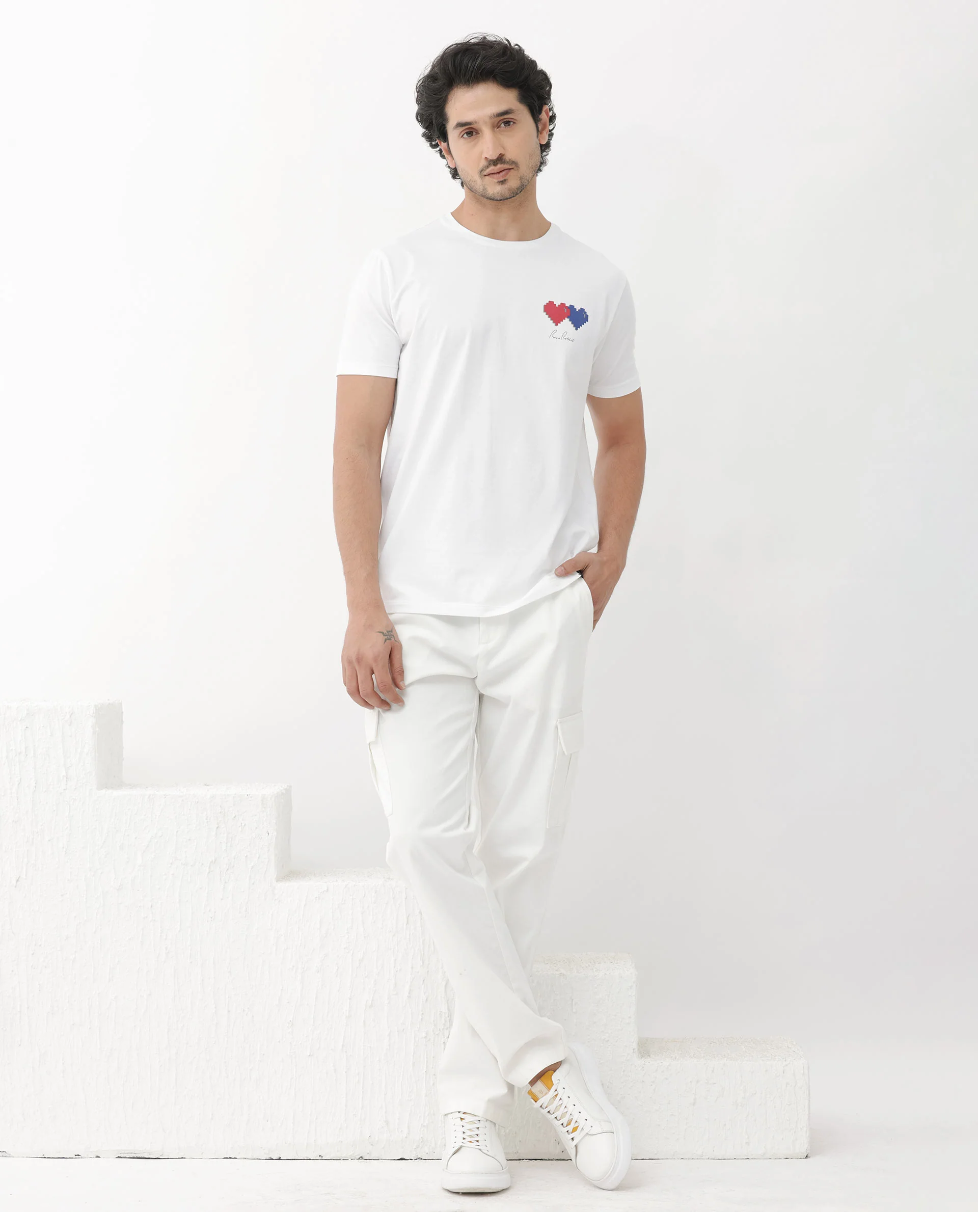 Rare Rabbit Mens Aorta-1 White Cotton Lycra Fabric Short Sleeve Skinny Fit Graphic Print T-Shirt - Image 2