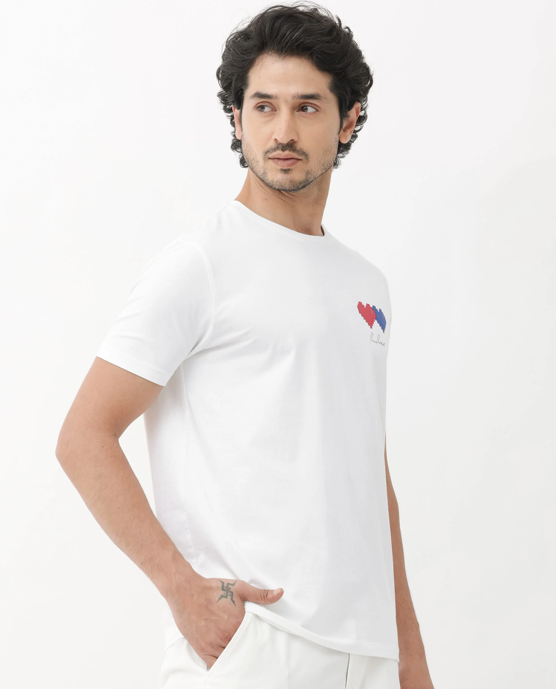 Rare Rabbit Mens Aorta-1 White Cotton Lycra Fabric Short Sleeve Skinny Fit Graphic Print T-Shirt - Image 3