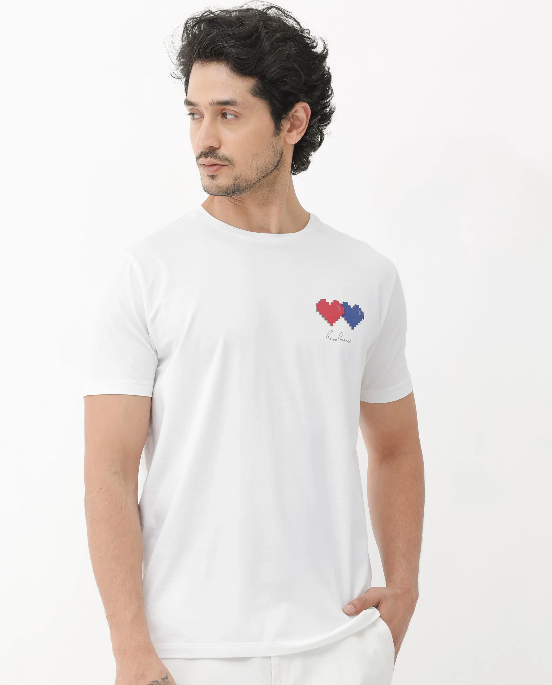 Rare Rabbit Mens Aorta-1 White Cotton Lycra Fabric Short Sleeve Skinny Fit Graphic Print T-Shirt - Image 4