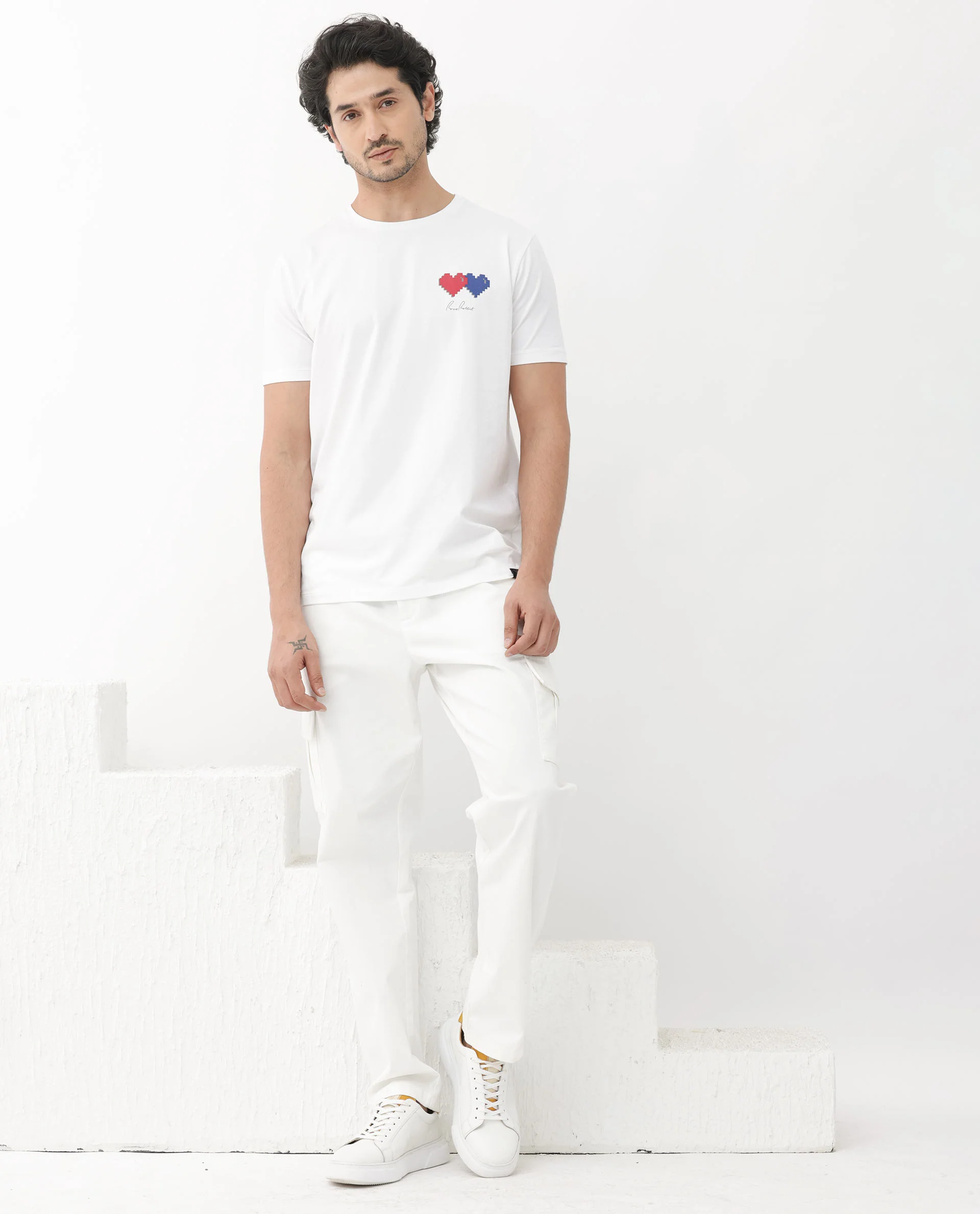 Rare Rabbit Mens Aorta-1 White Cotton Lycra Fabric Short Sleeve Skinny Fit Graphic Print T-Shirt - Image 6