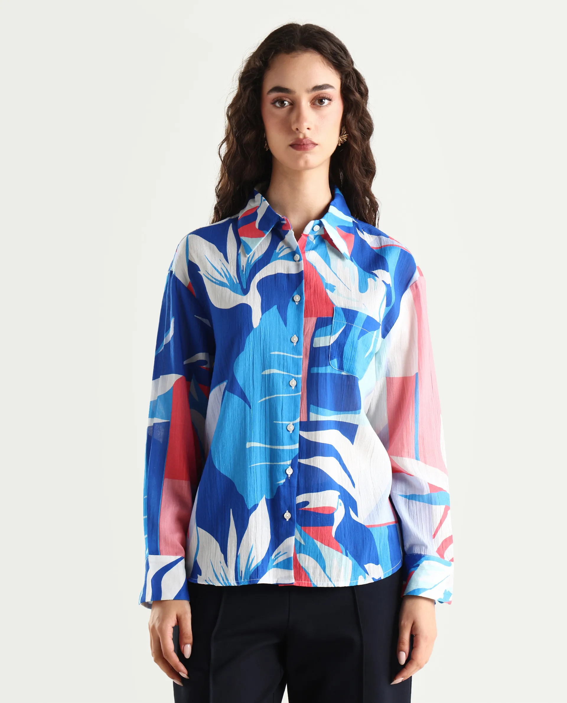Rareism Women's Apetit White Cotton Drop Collar Abstract Print Cuffed Sleeve Regular Fit Top - Image 3