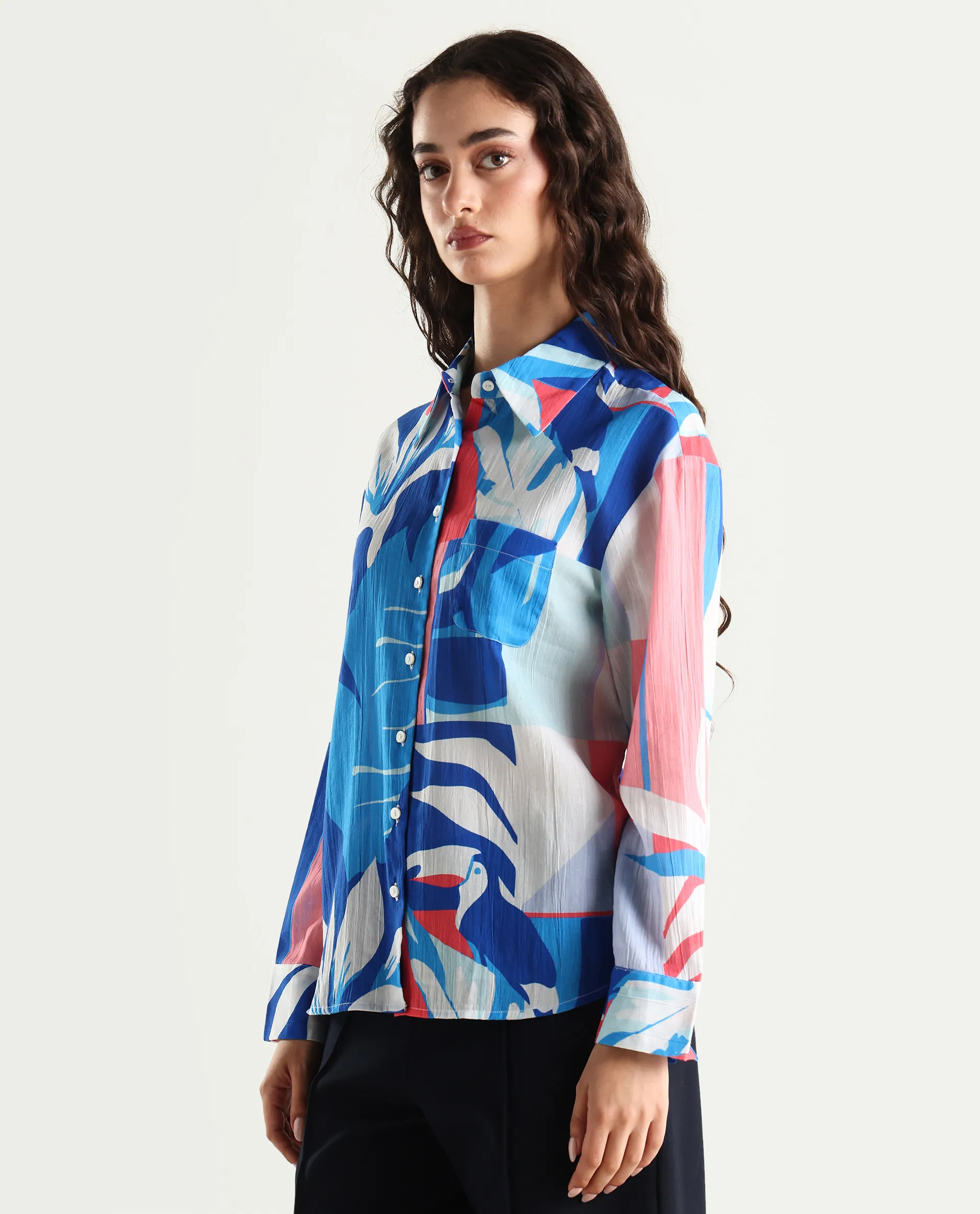 Rareism Women's Apetit White Cotton Drop Collar Abstract Print Cuffed Sleeve Regular Fit Top - Image 5