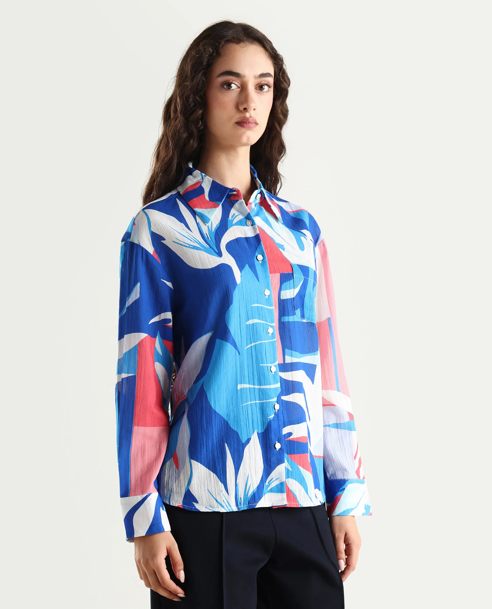 Rareism Women's Apetit White Cotton Drop Collar Abstract Print Cuffed Sleeve Regular Fit Top - Image 6