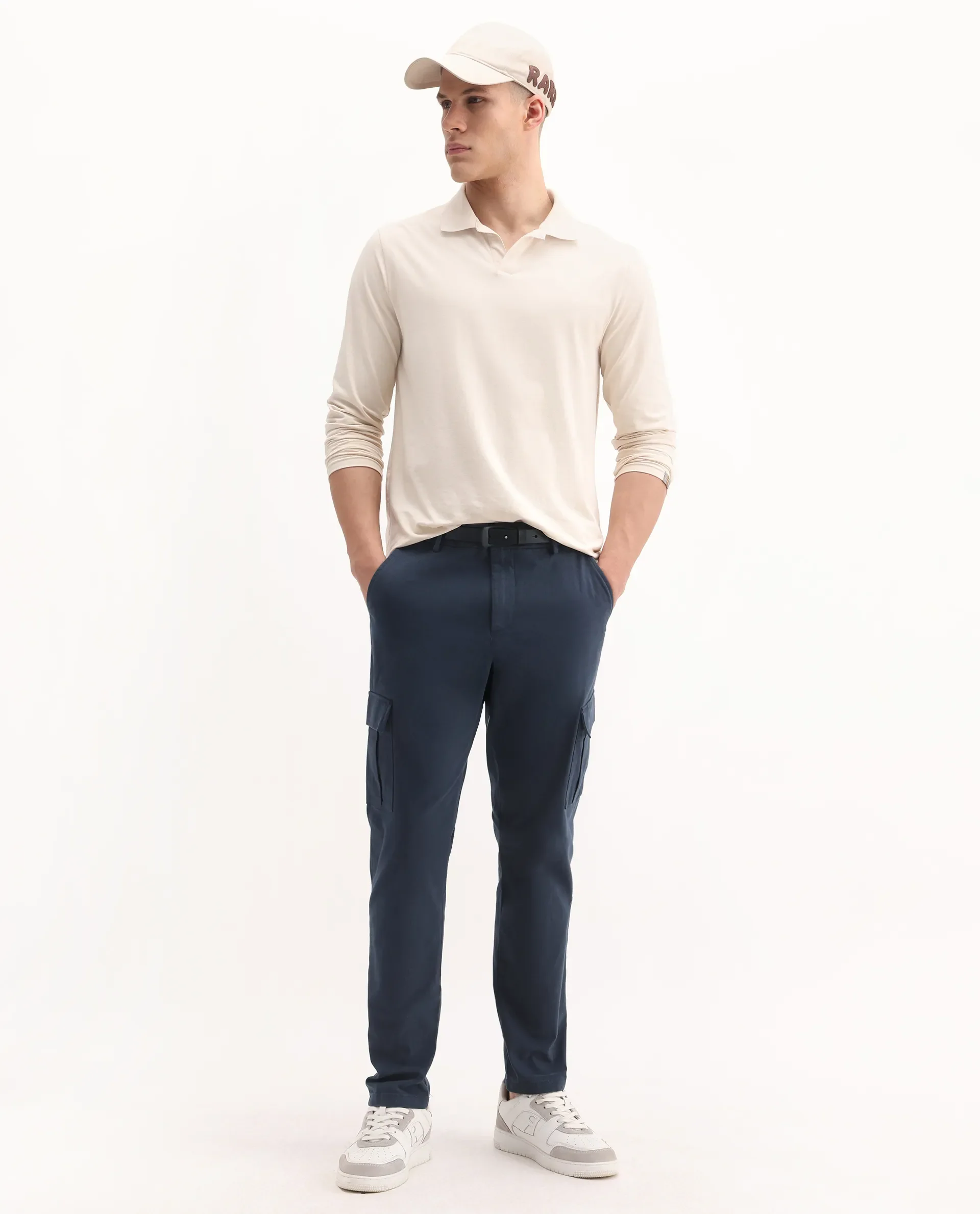 Rare Rabbit Men's Apex Navy Linen Blend Plain Regular Fit Trouser