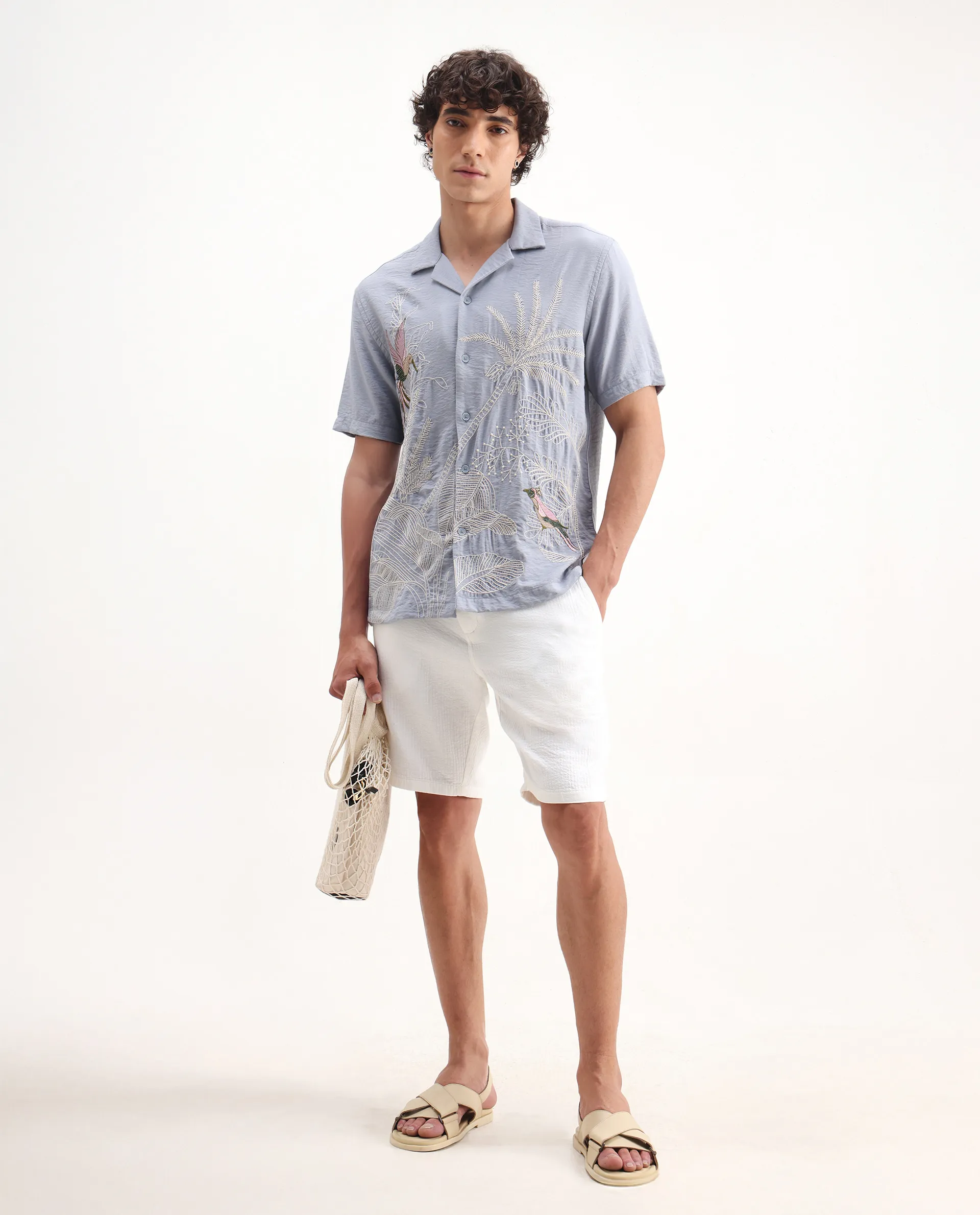 Rare Rabbit Men's Aphet Blue Cotton Embroidered Relaxed Fit Half Sleeve Cuban Collar Shirt - Image 2