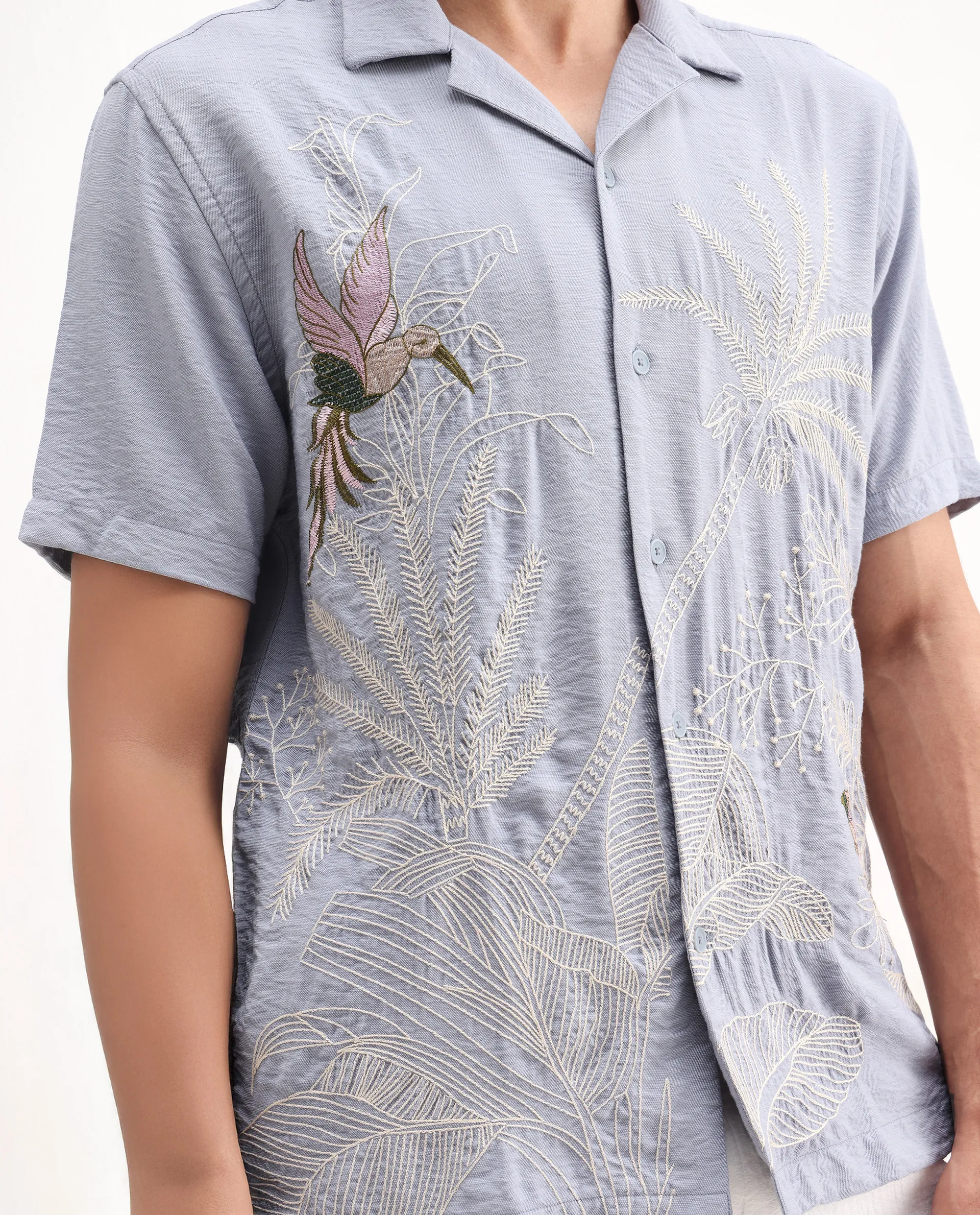 Rare Rabbit Men's Aphet Blue Cotton Embroidered Relaxed Fit Half Sleeve Cuban Collar Shirt - Image 3