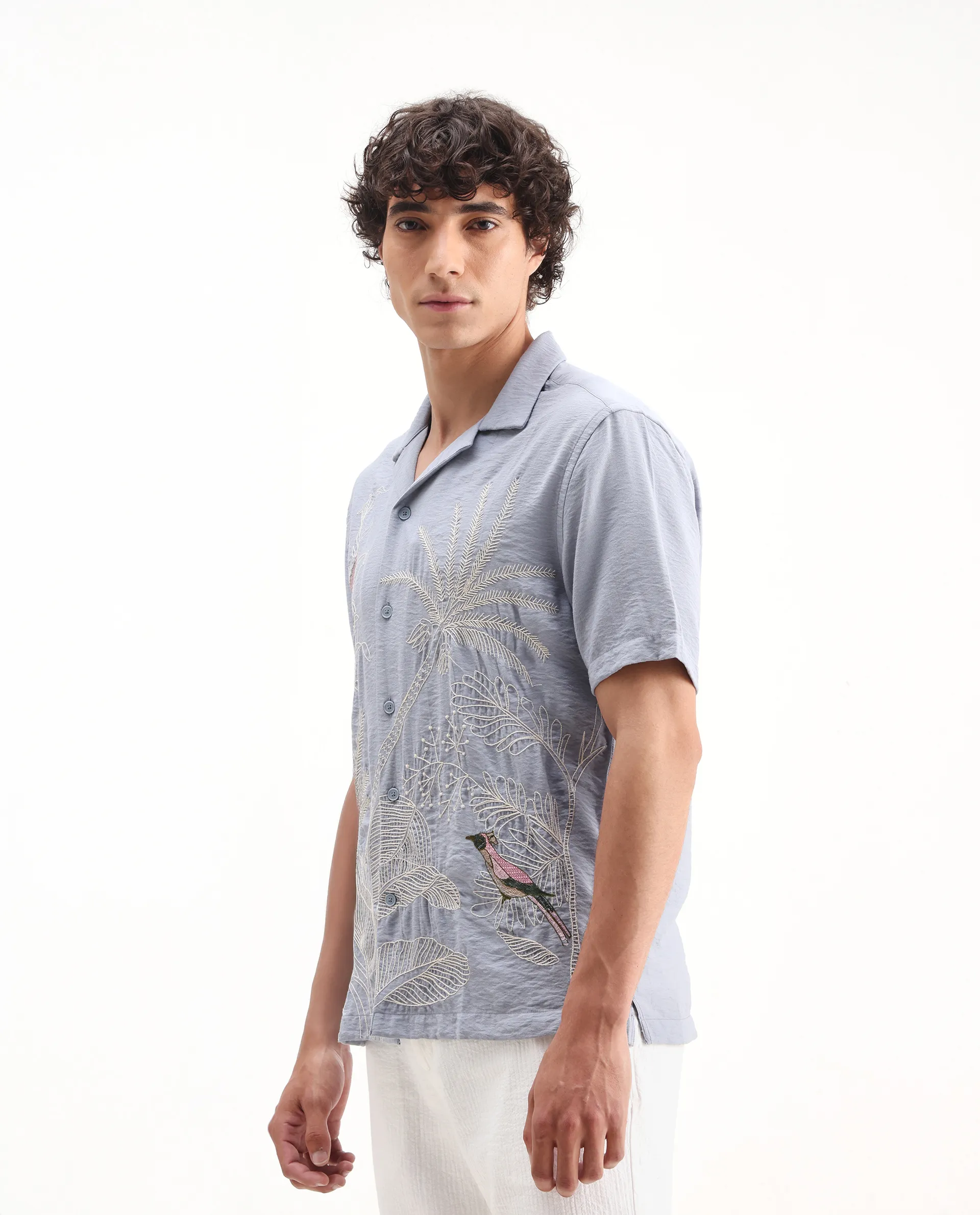 Rare Rabbit Men's Aphet Blue Cotton Embroidered Relaxed Fit Half Sleeve Cuban Collar Shirt - Image 4