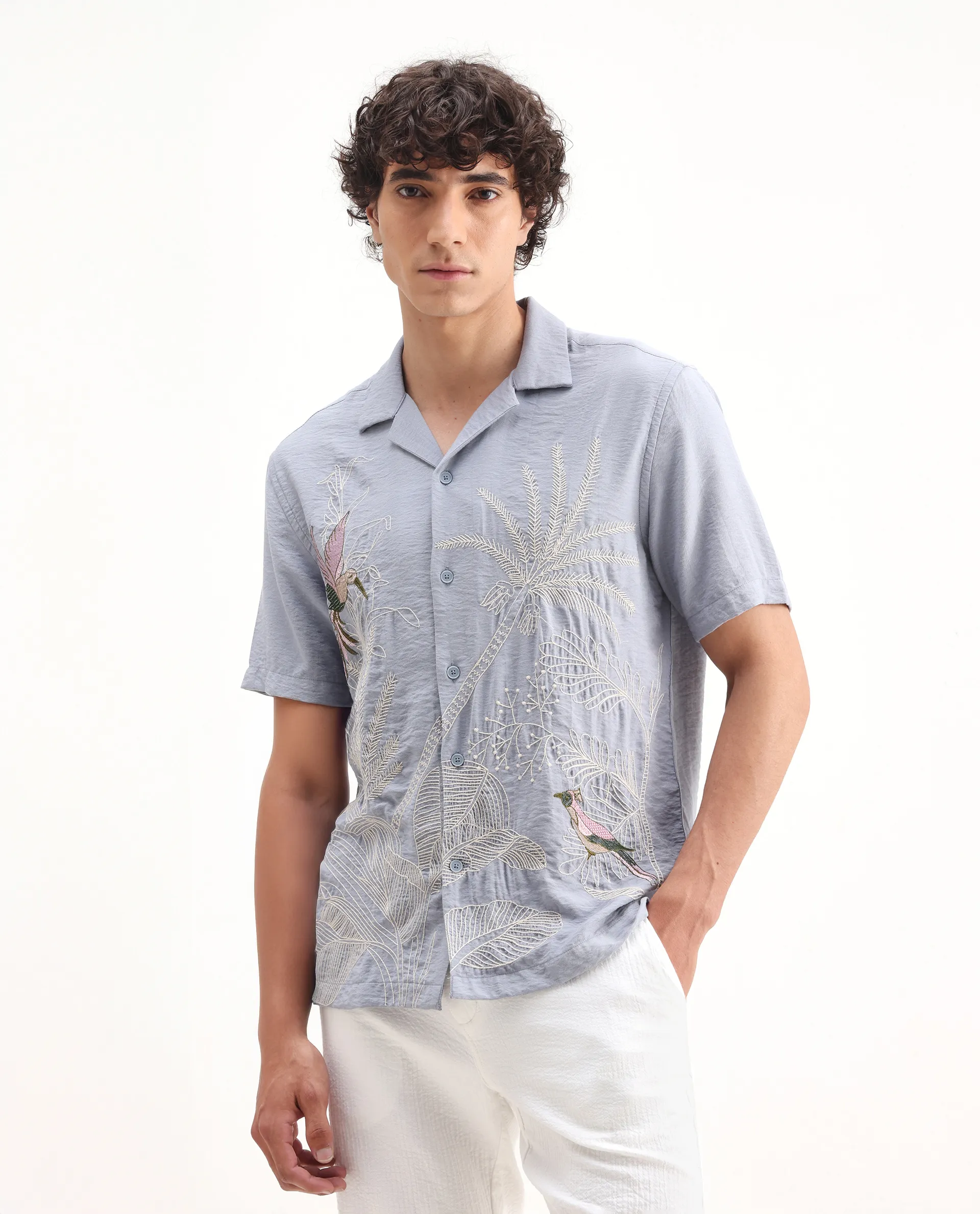 Rare Rabbit Men's Aphet Blue Cotton Embroidered Relaxed Fit Half Sleeve Cuban Collar Shirt - Image 5