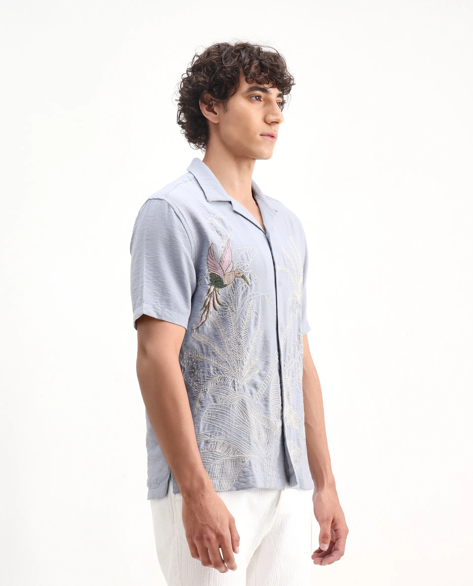 Rare Rabbit Men's Aphet Blue Cotton Embroidered Relaxed Fit Half Sleeve Cuban Collar Shirt - Image 6