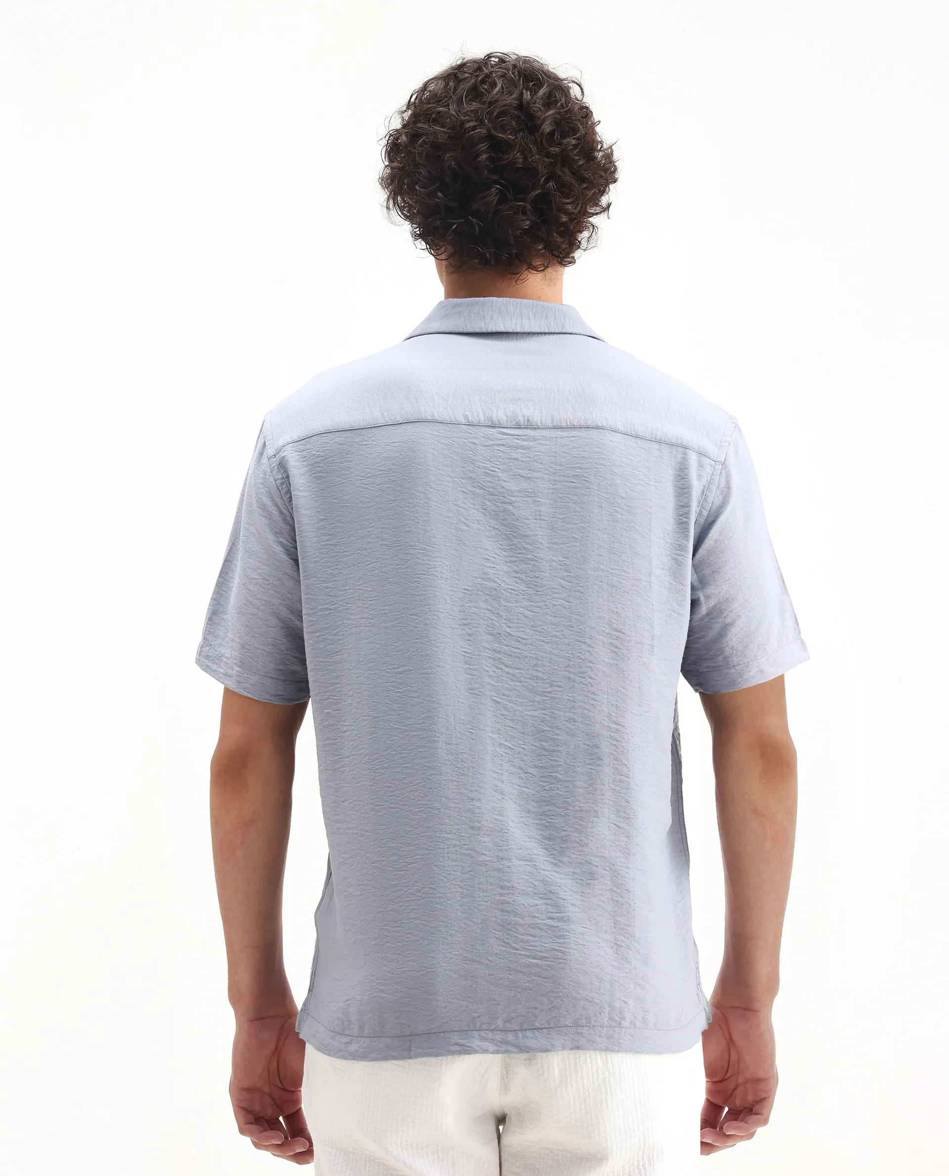 Rare Rabbit Men's Aphet Blue Cotton Embroidered Relaxed Fit Half Sleeve Cuban Collar Shirt - Image 7